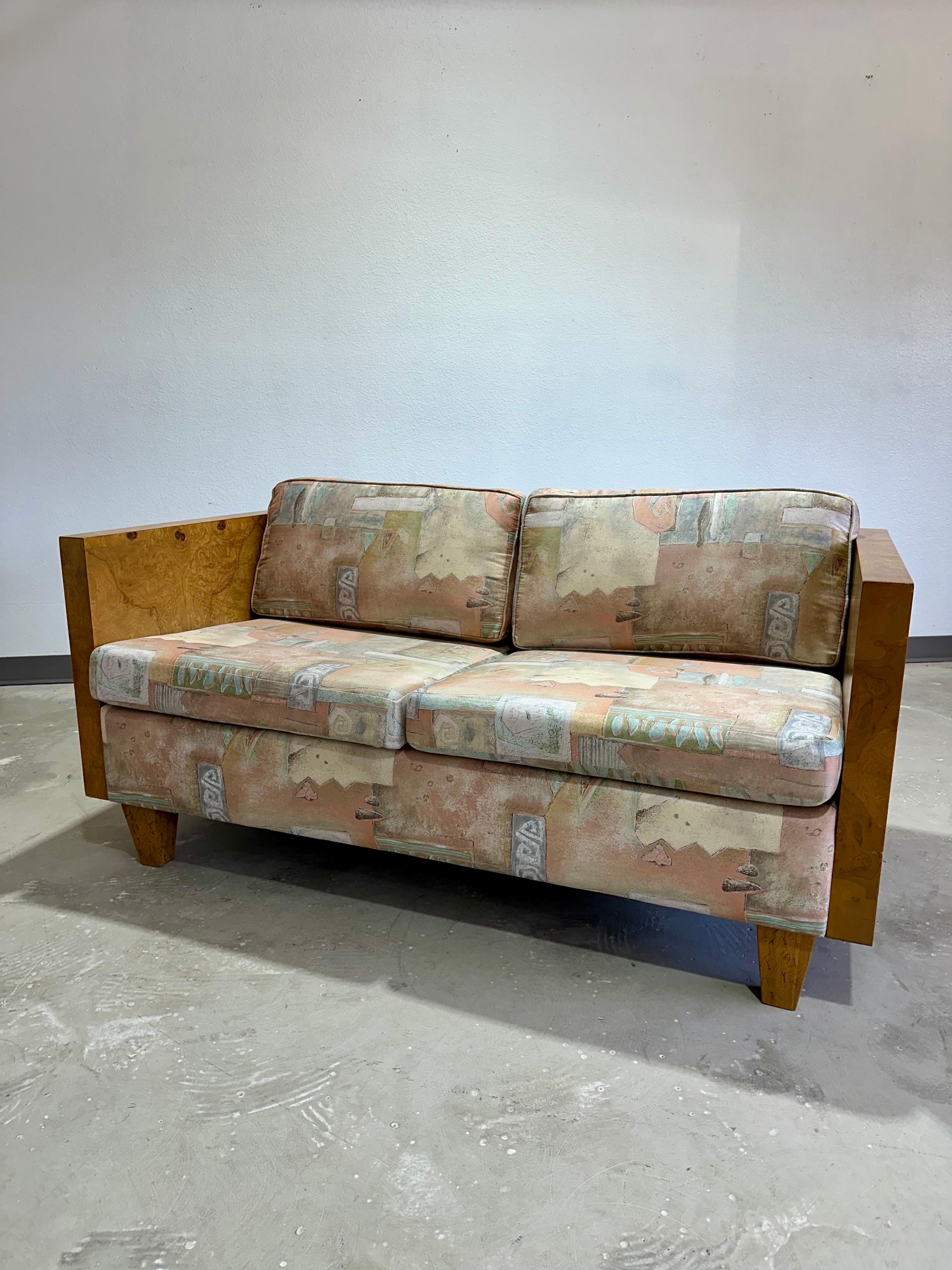 Mid-Century Modern Mid Century Olive Burl Wood Cased Loveseat