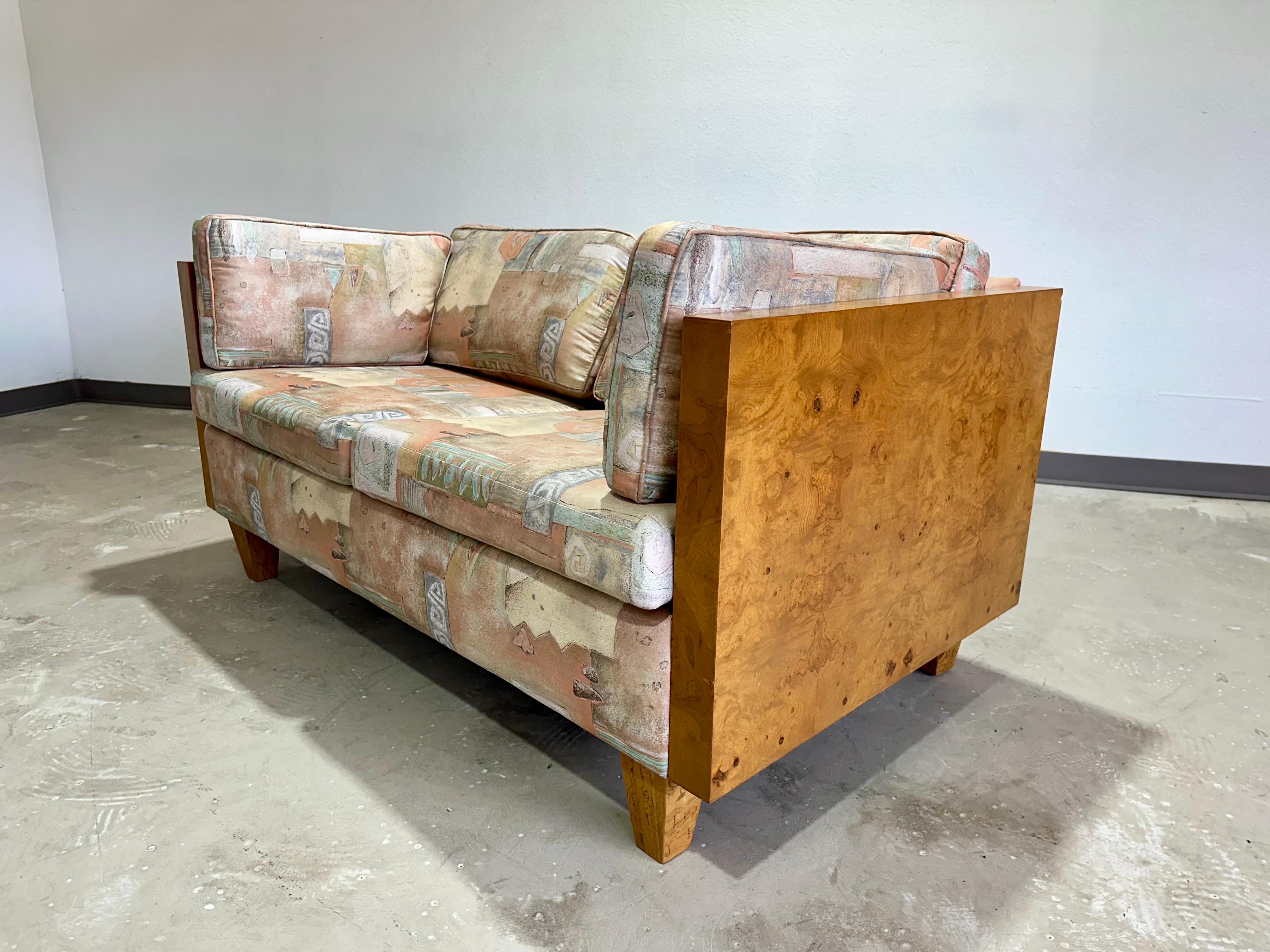 American Mid Century Olive Burl Wood Cased Loveseat