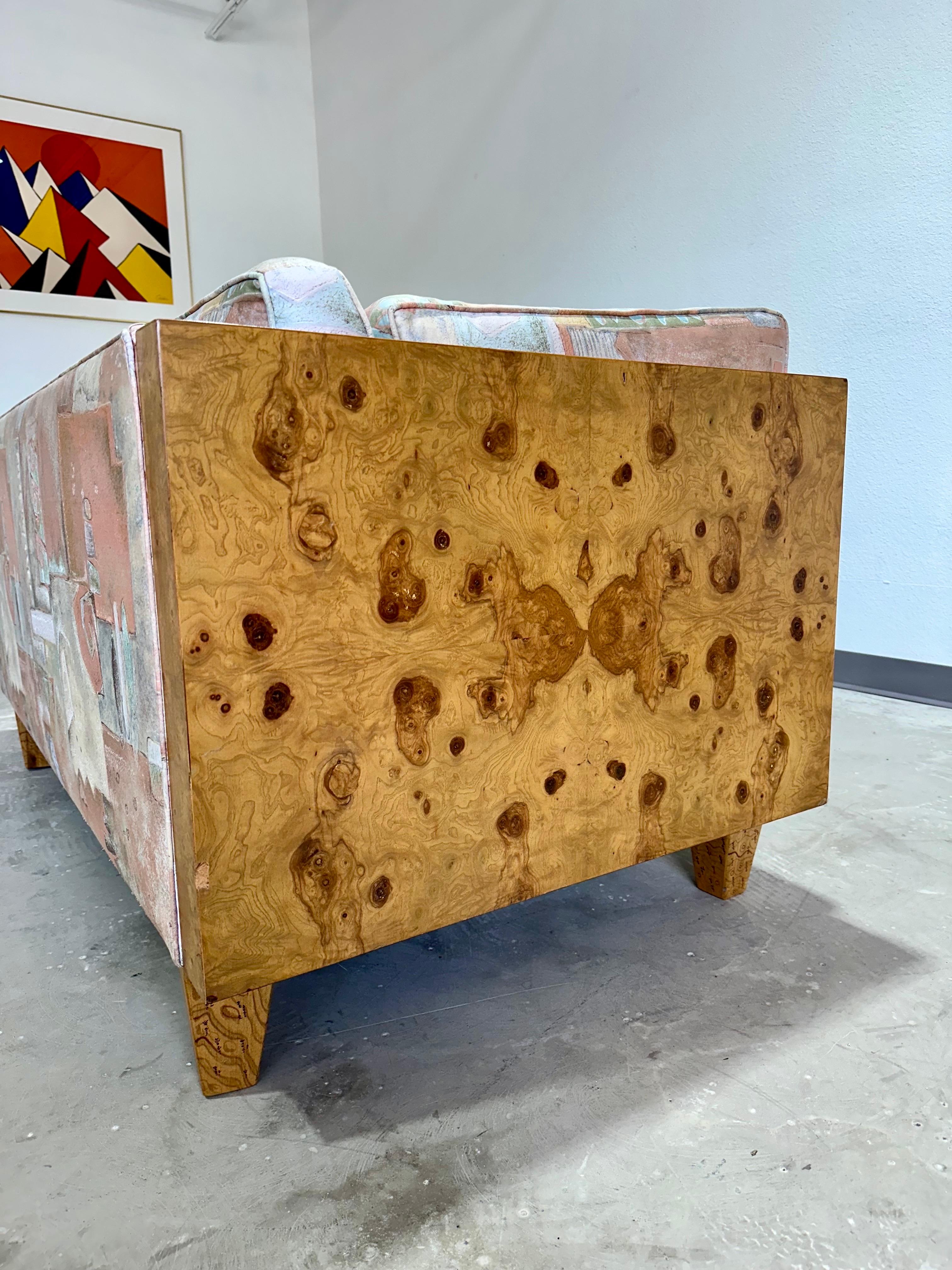 Mid Century Olive Burl Wood Cased Loveseat In Good Condition In Lutz, FL