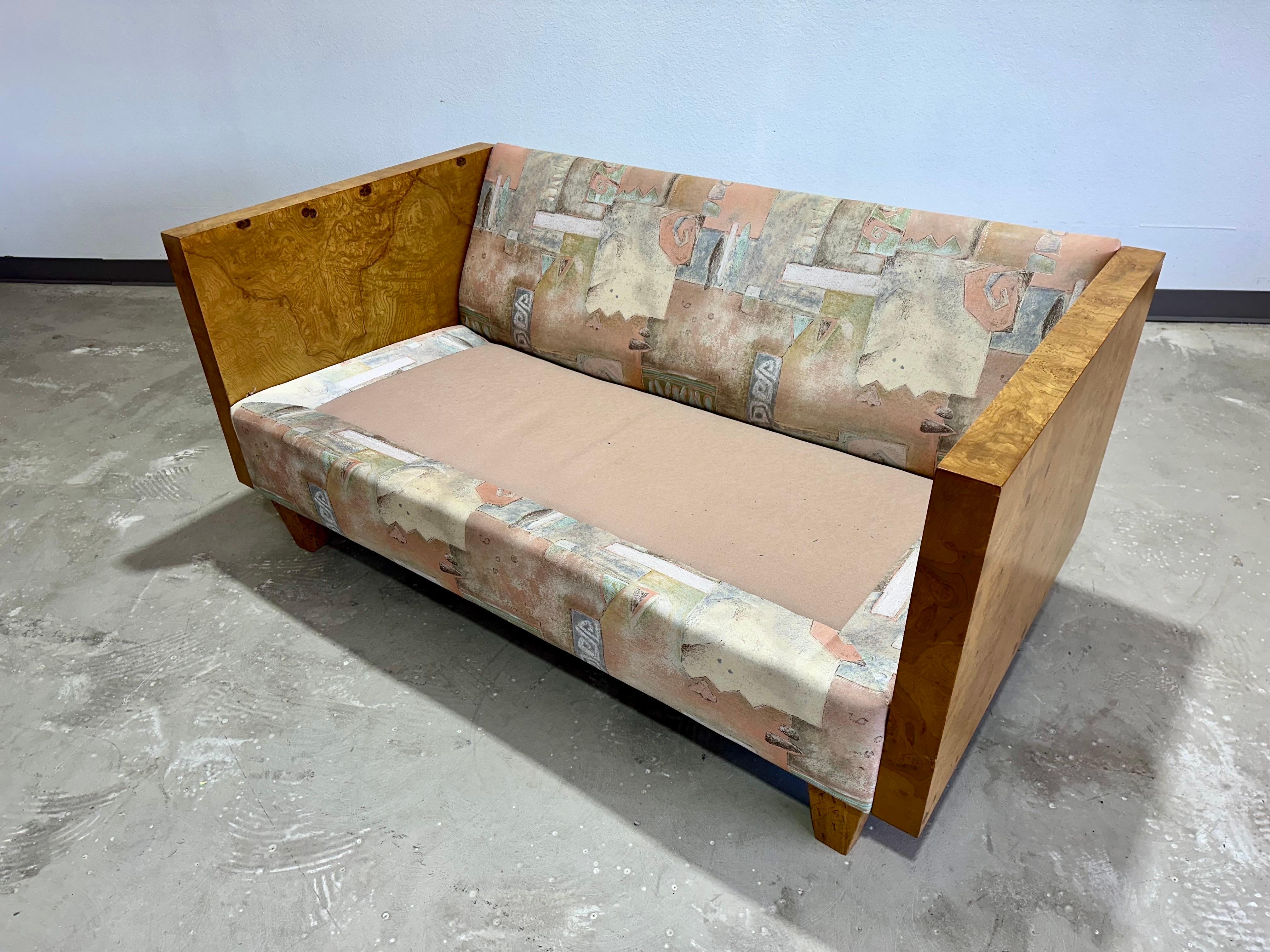 Fabric Mid Century Olive Burl Wood Cased Loveseat