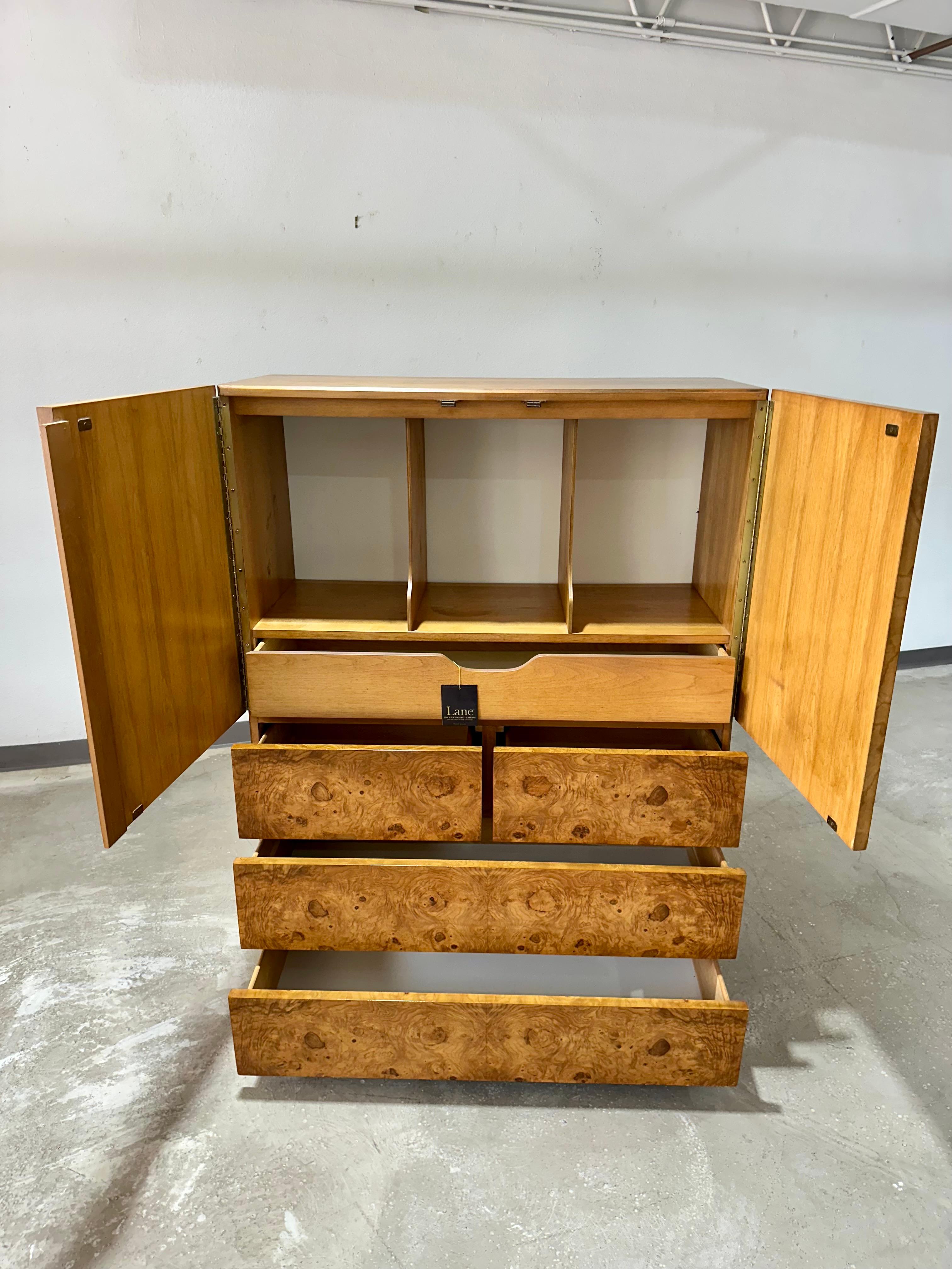 American Mid Century Olive Burlwood Armoire Gentleman’s Chest by Lane For Sale