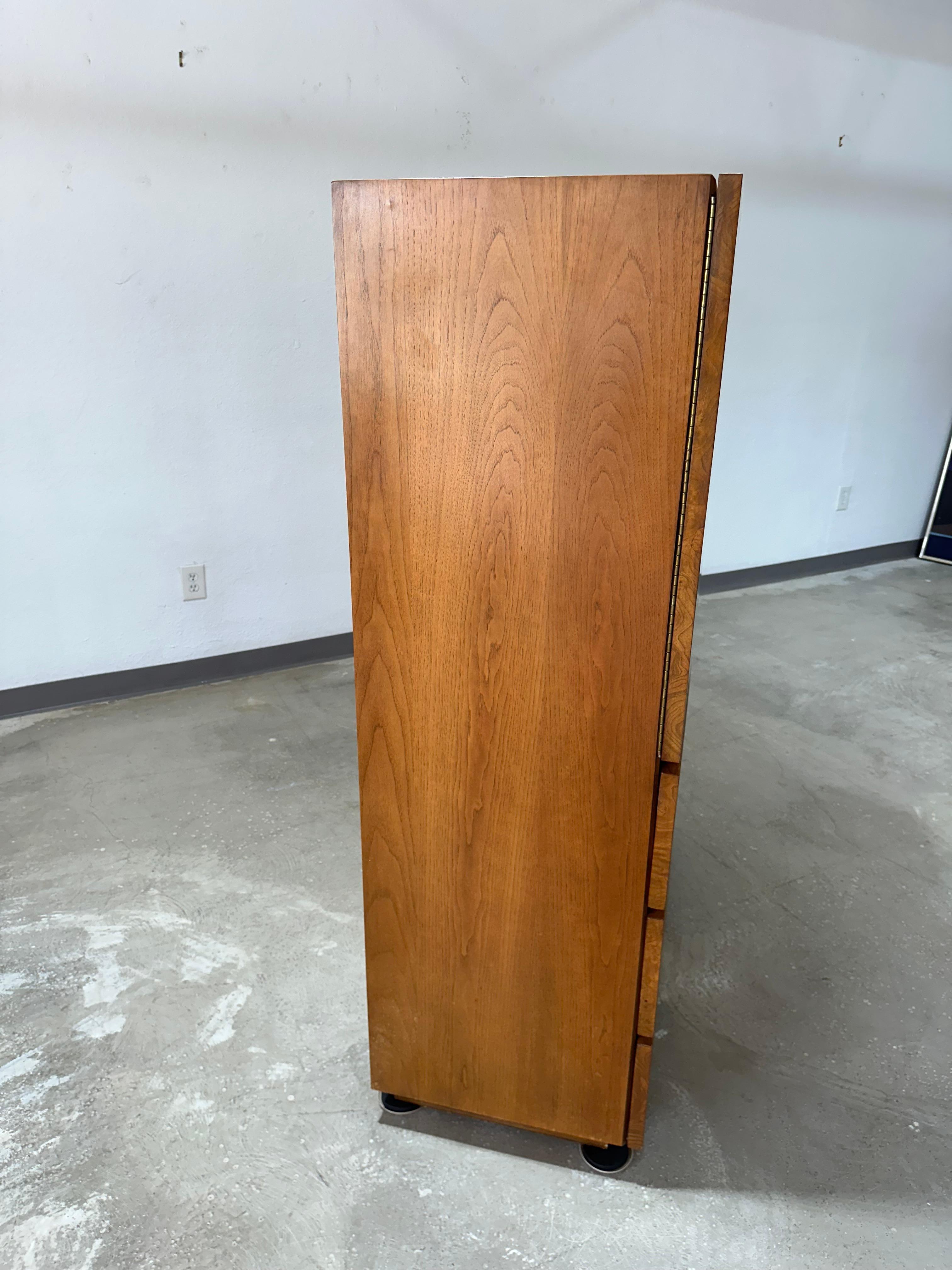Veneer Mid Century Olive Burlwood Armoire Gentleman’s Chest by Lane For Sale