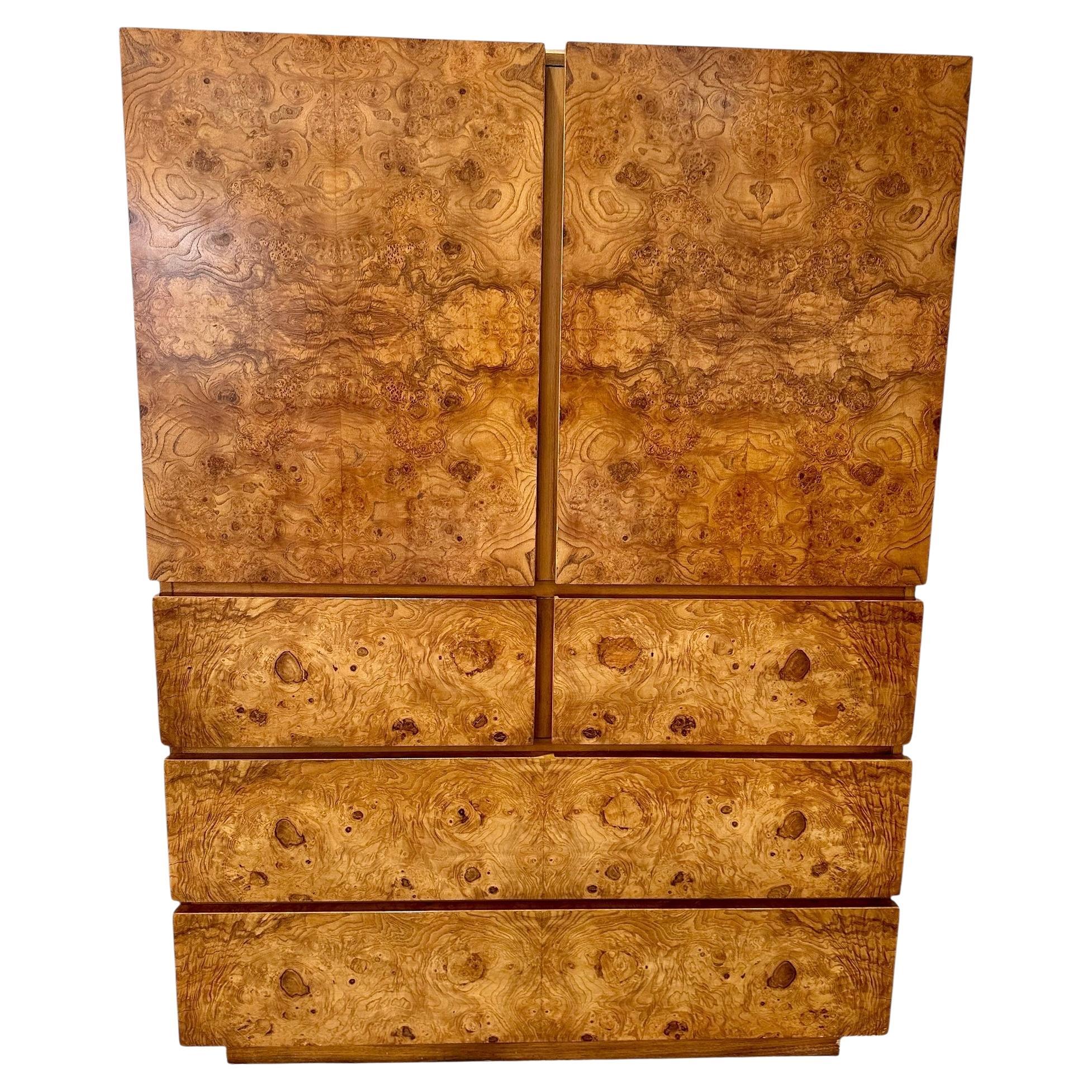 Mid Century Olive Burlwood Armoire Gentleman’s Chest by Lane For Sale