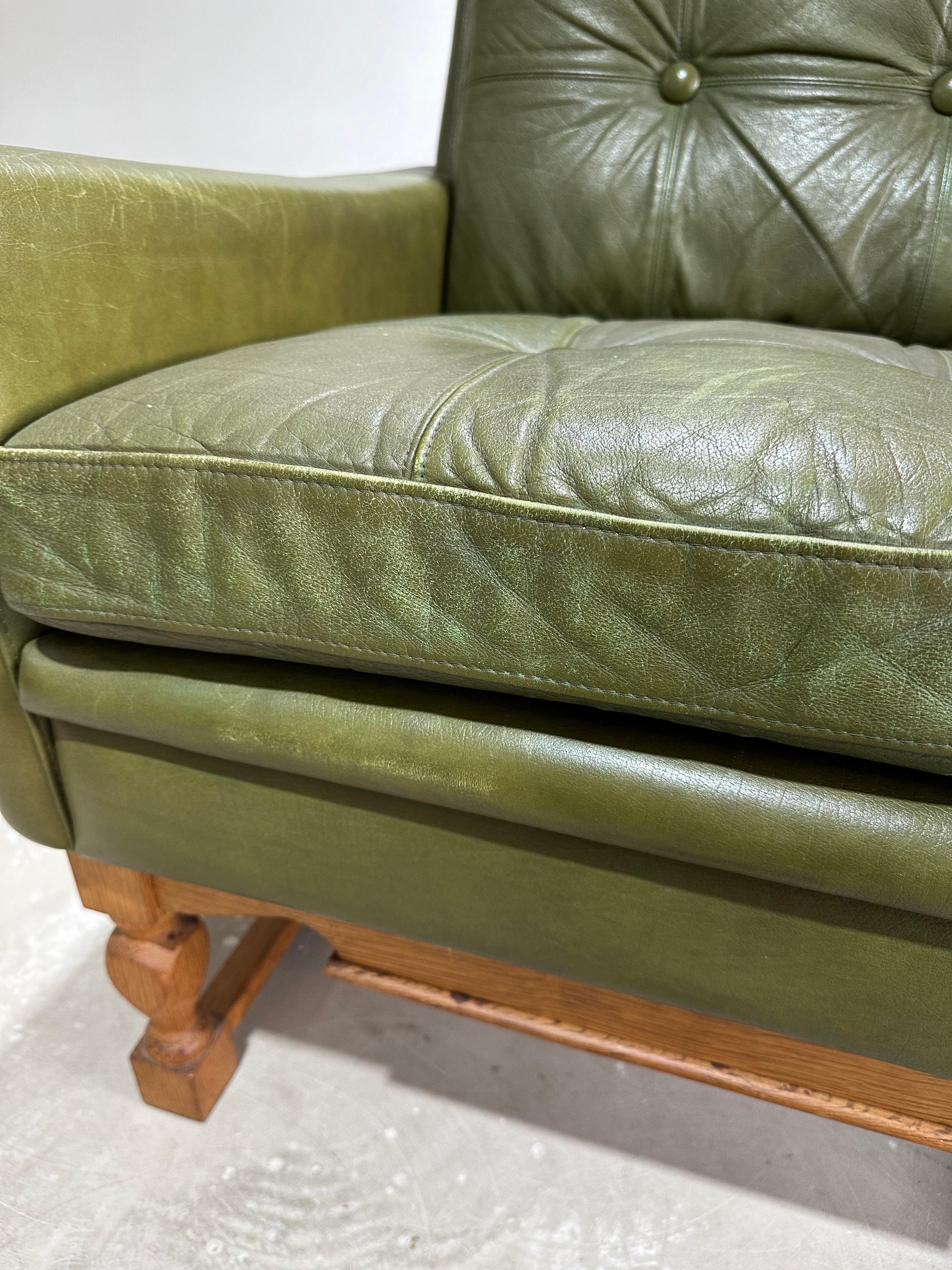 Mid Century Olive Green Leather and Oak Brutalist High Back Lounge Chair 1