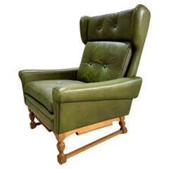 Mid Century Olive Green Leather and Oak Brutalist High Back Lounge Chair