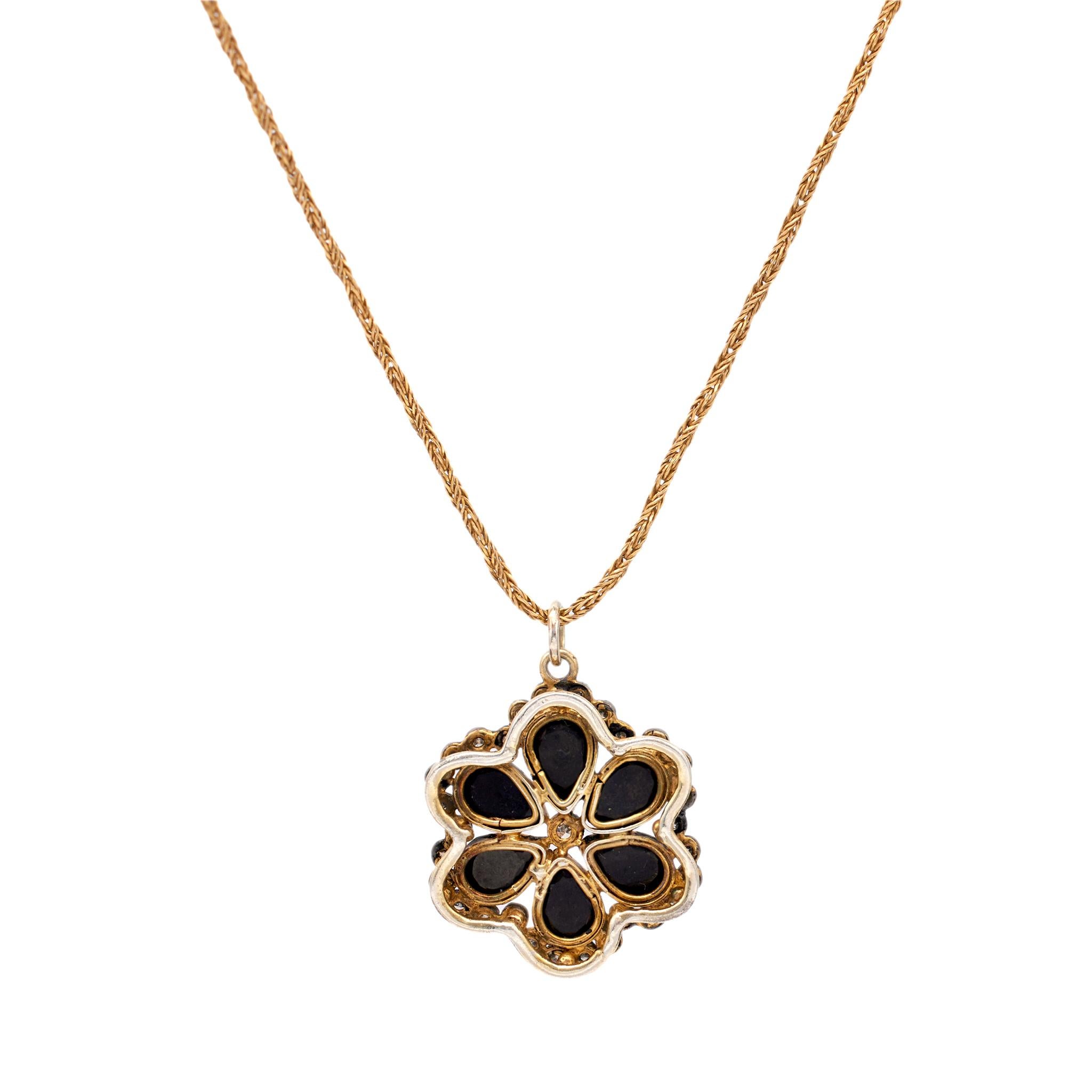 Women's or Men's Mid-Century Onyx and Diamond 14k Yellow Gold Silver Pendant Necklace For Sale