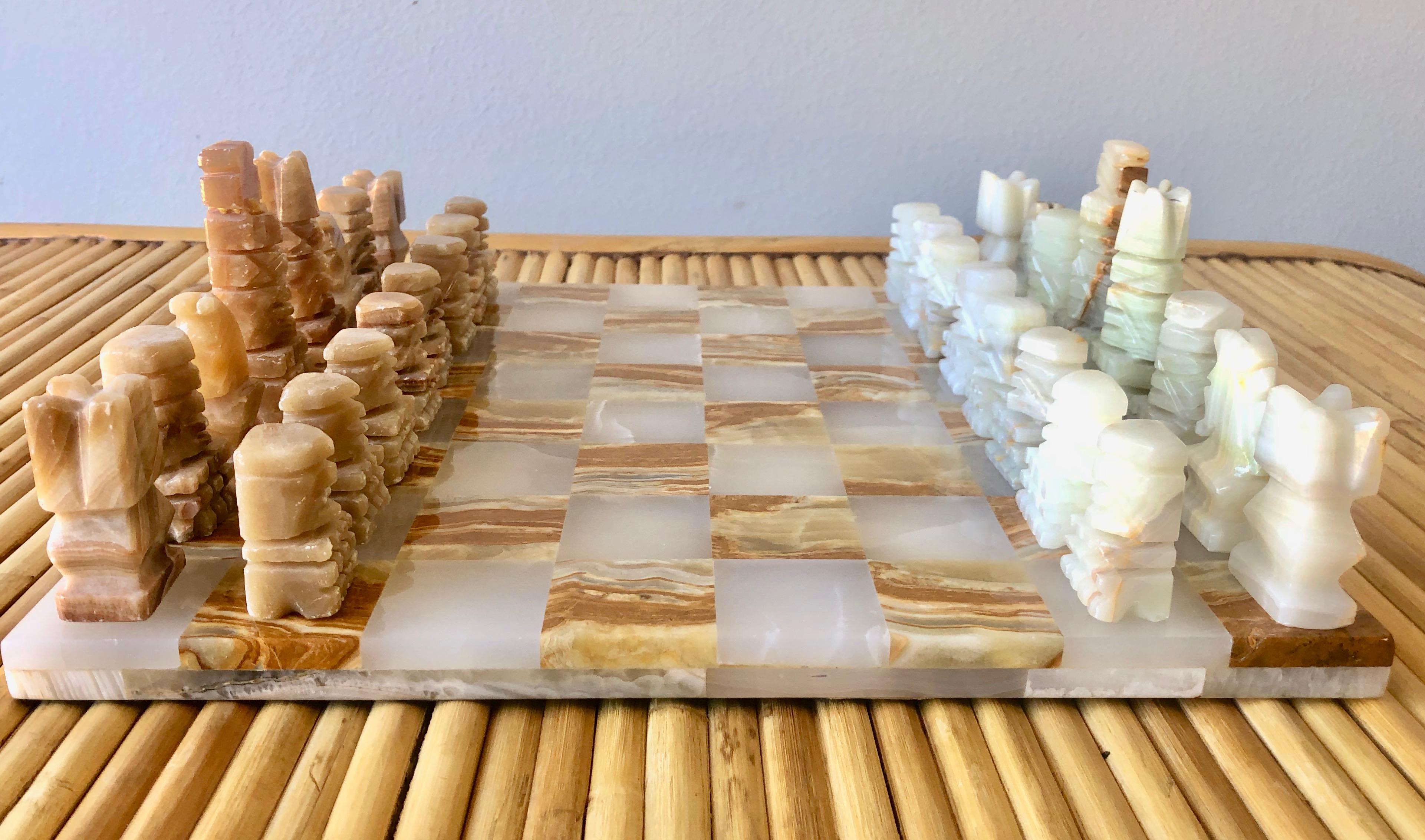 Midcentury onyx chess set. Chess board and all pieces included. This set is a great addition for any game room and also looks great as a decorative piece.