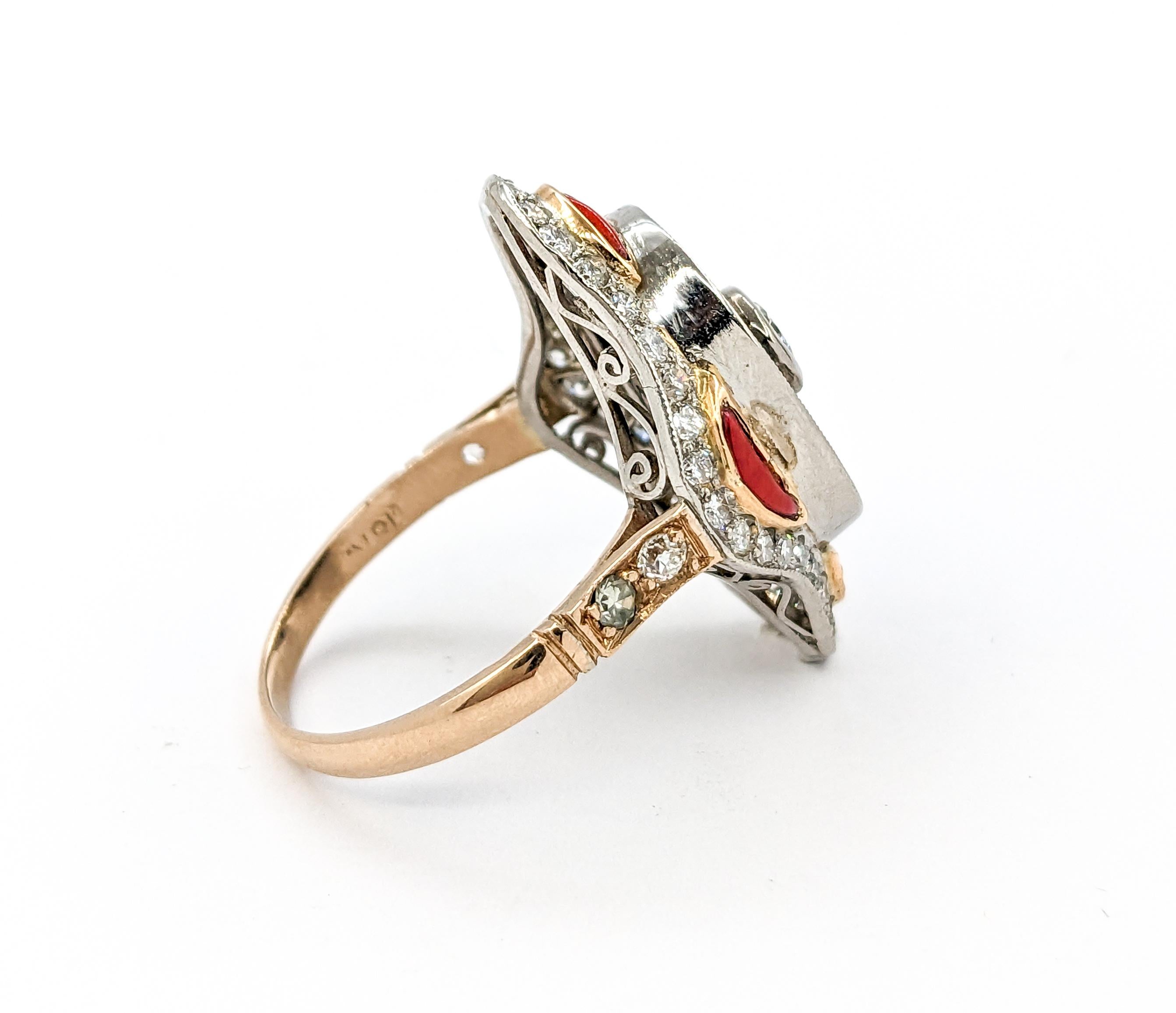 Bague du milieu du siècle dernier en or jaune 18 carats, onyx, corail et diamants taille européenne en vente 2