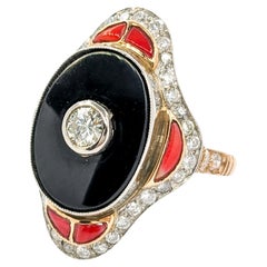 Mid-Century Onyx, Coral & European Cut Diamond Ring in 18kt Yellow Gold and Plat