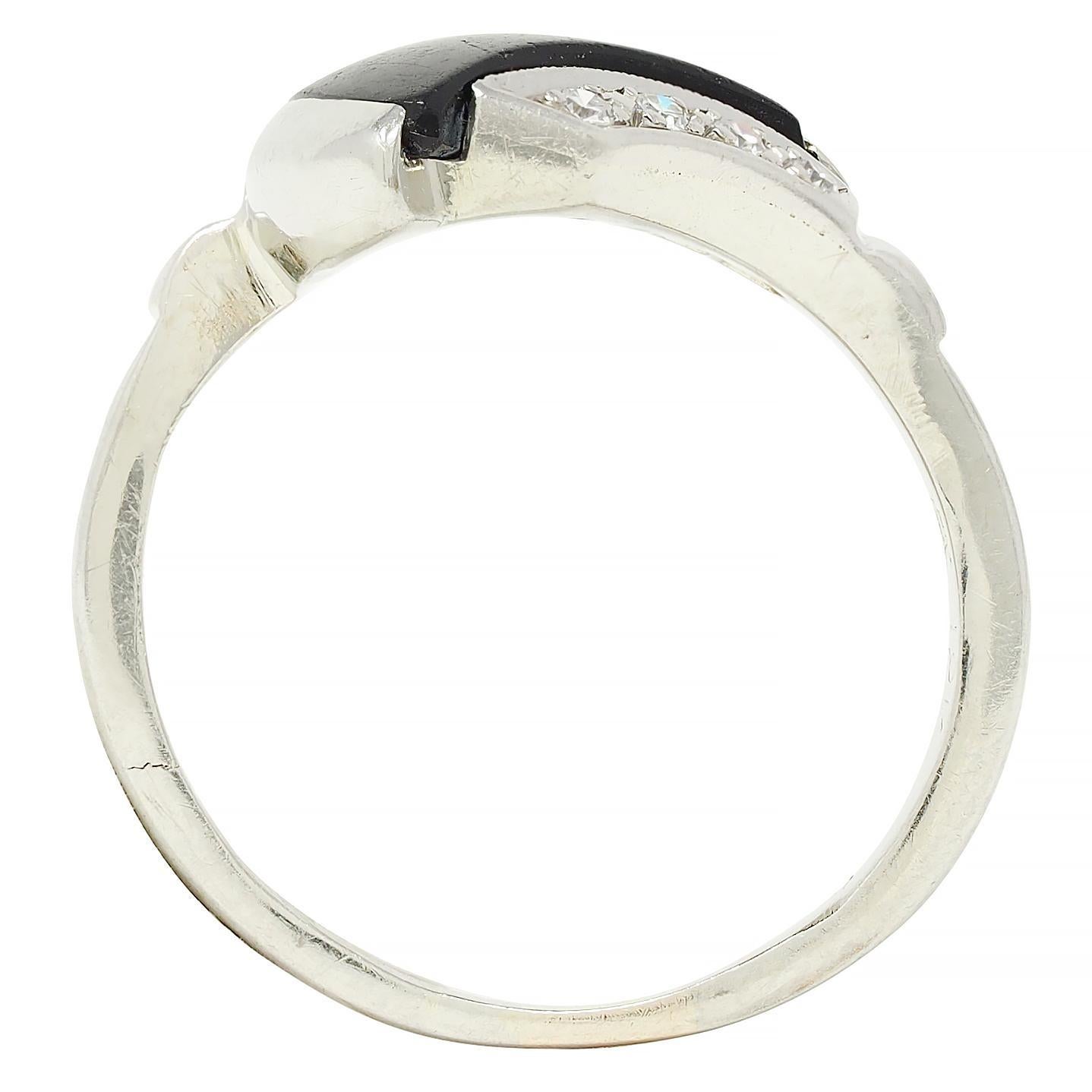 Mid-Century Onyx Diamond 18 Karat White Gold Vintage Bypass Ring For Sale 5