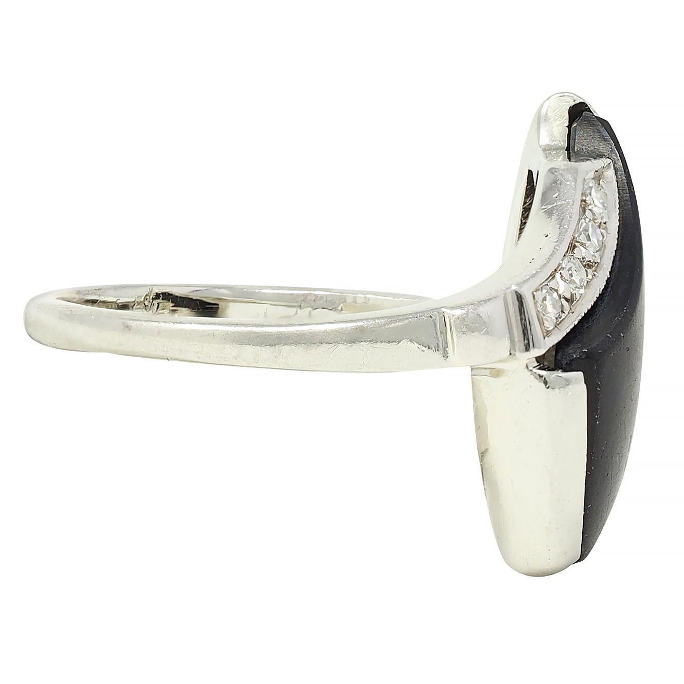 Mid-Century Onyx Diamond 18 Karat White Gold Vintage Bypass Ring In Excellent Condition For Sale In Philadelphia, PA