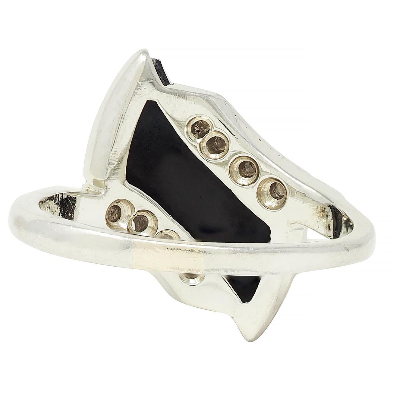 Women's or Men's Mid-Century Onyx Diamond 18 Karat White Gold Vintage Bypass Ring For Sale