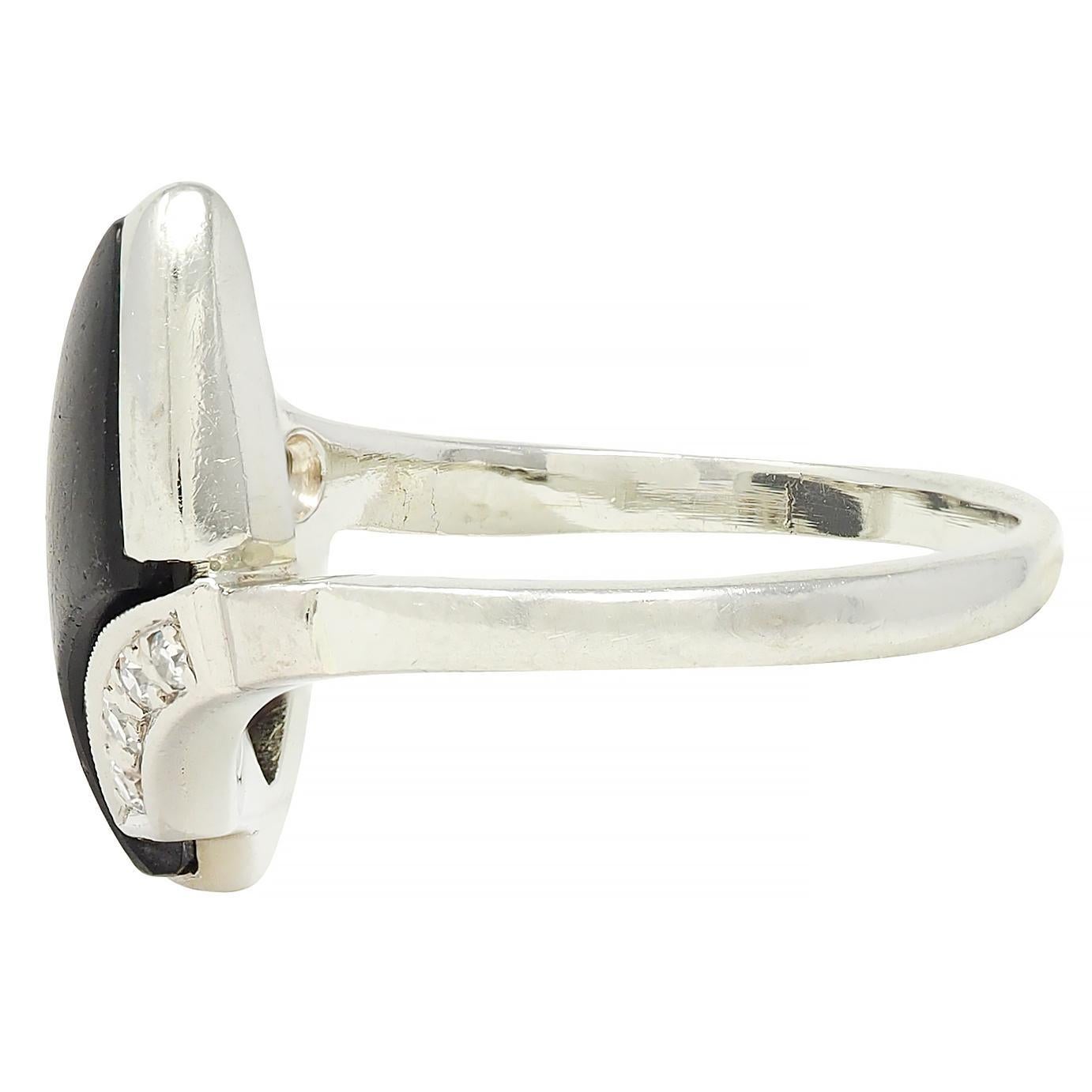 Mid-Century Onyx Diamond 18 Karat White Gold Vintage Bypass Ring For Sale 1