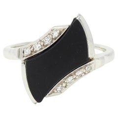 Mid-Century Onyx Diamant 18 Karat Weißgold Vintage Bypass-Ring