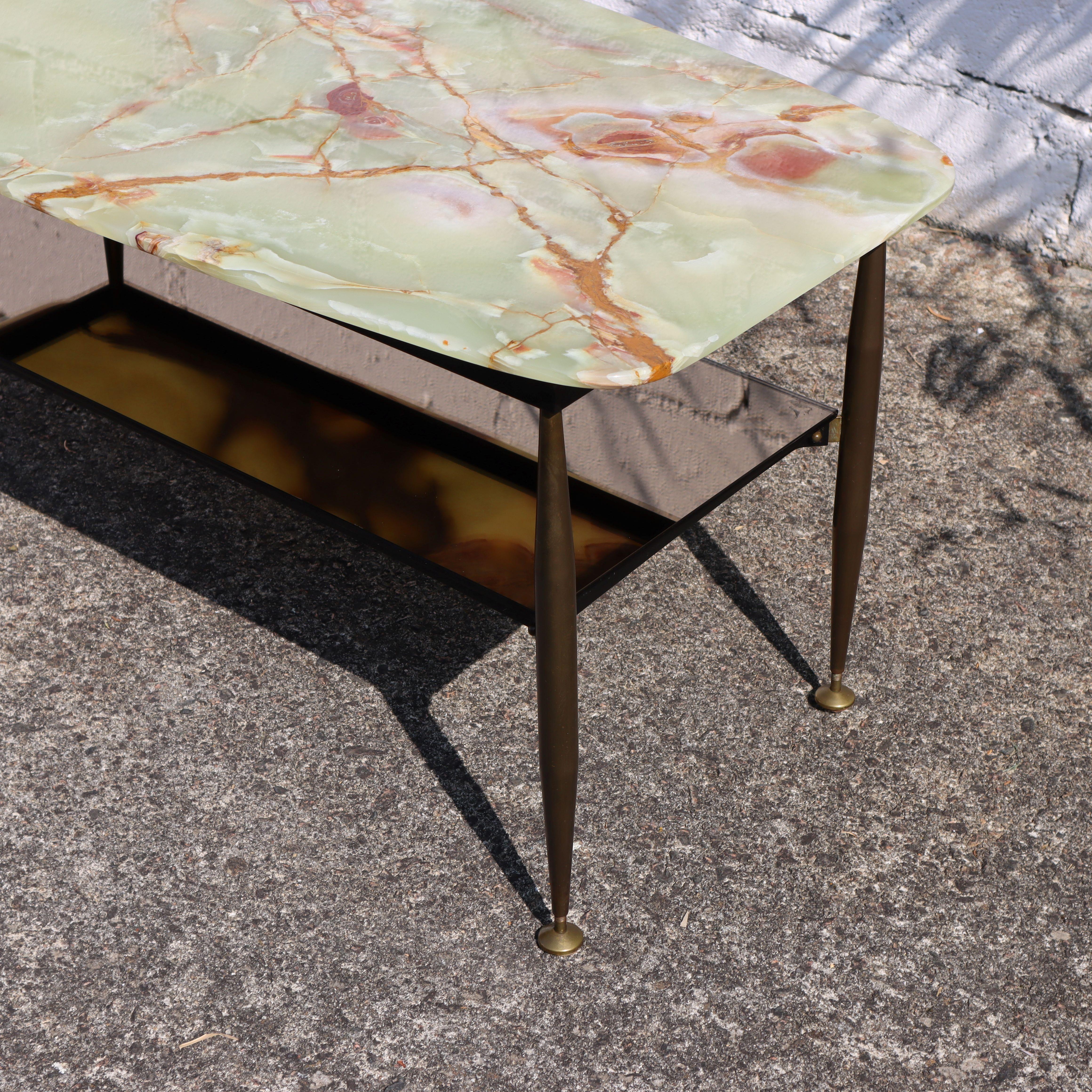 Mid-Century Onyx Marble and Brass Coffee Table-Mirror Compartment-Lounge Table 4