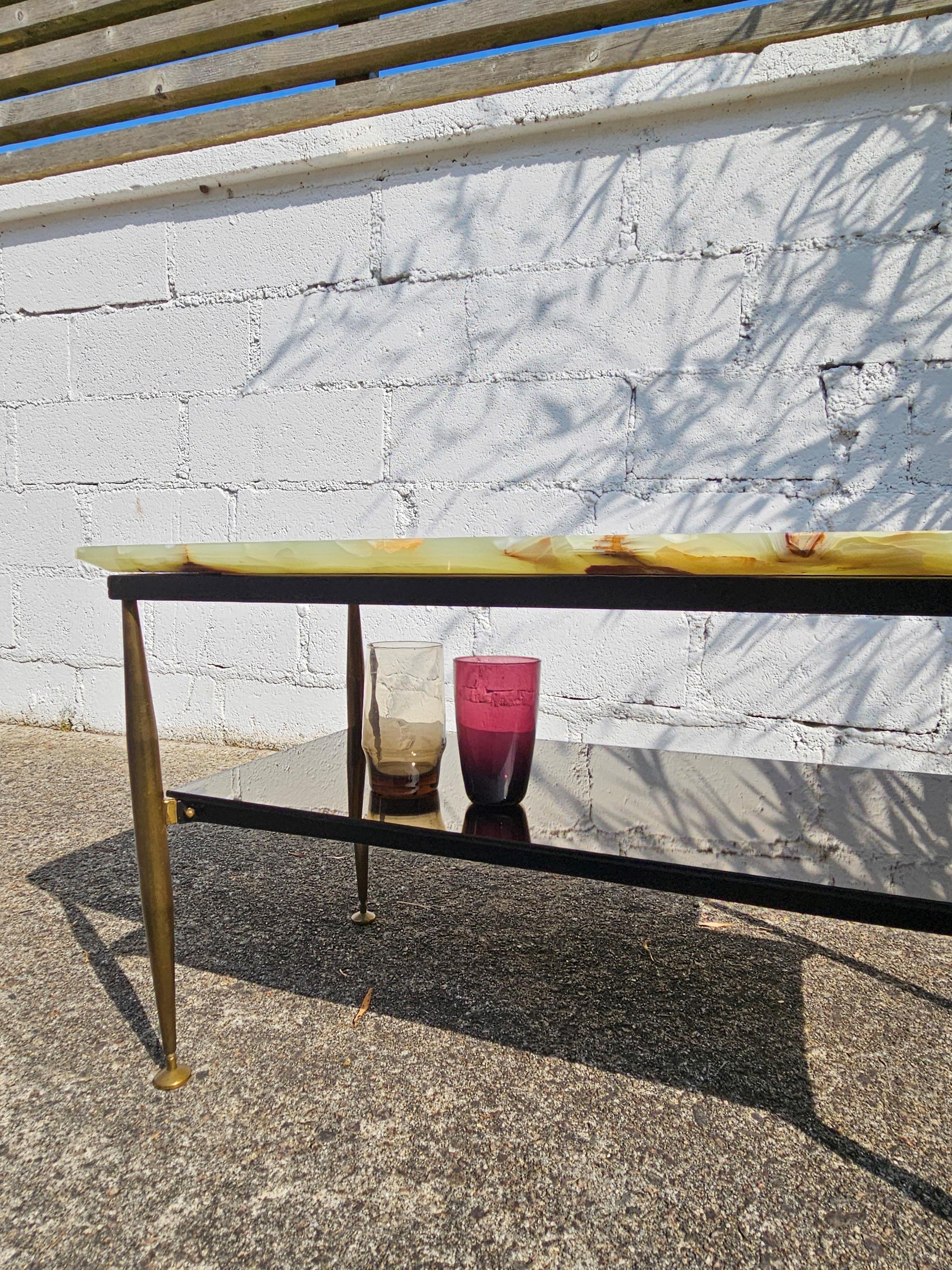 Mid-Century Onyx Marble and Brass Coffee Table-Mirror Compartment-Lounge Table 9