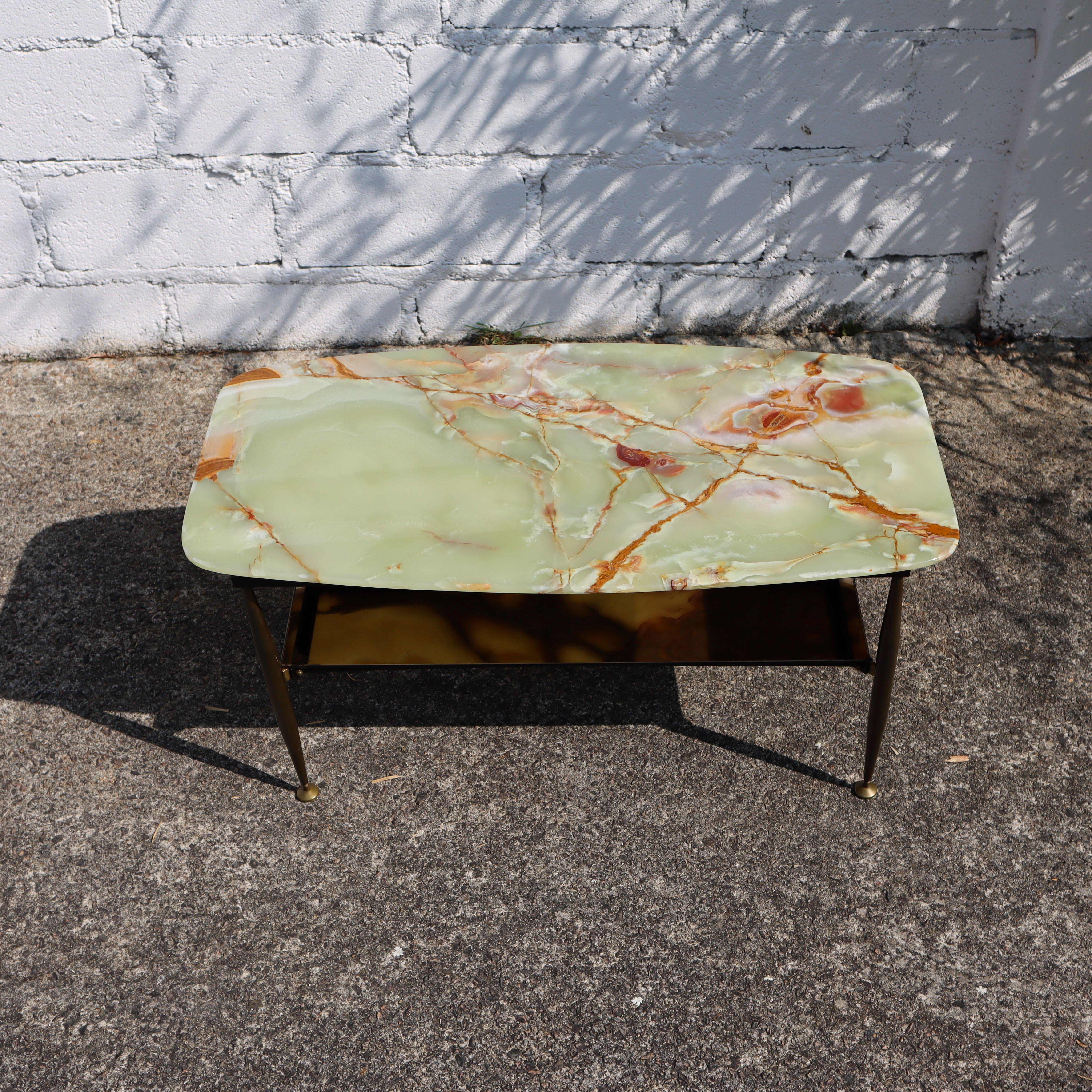 French Mid-Century Onyx Marble and Brass Coffee Table-Mirror Compartment-Lounge Table