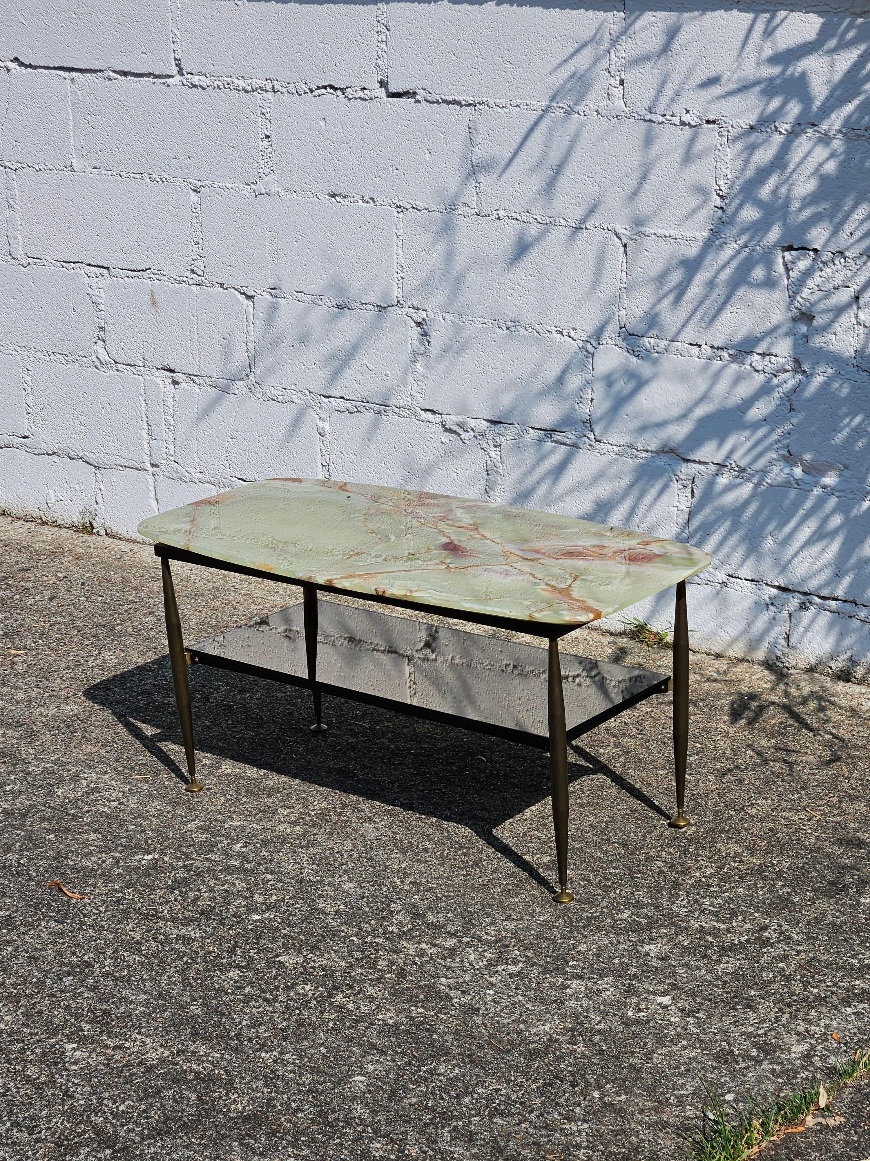 Mid-20th Century Mid-Century Onyx Marble and Brass Coffee Table-Mirror Compartment-Lounge Table
