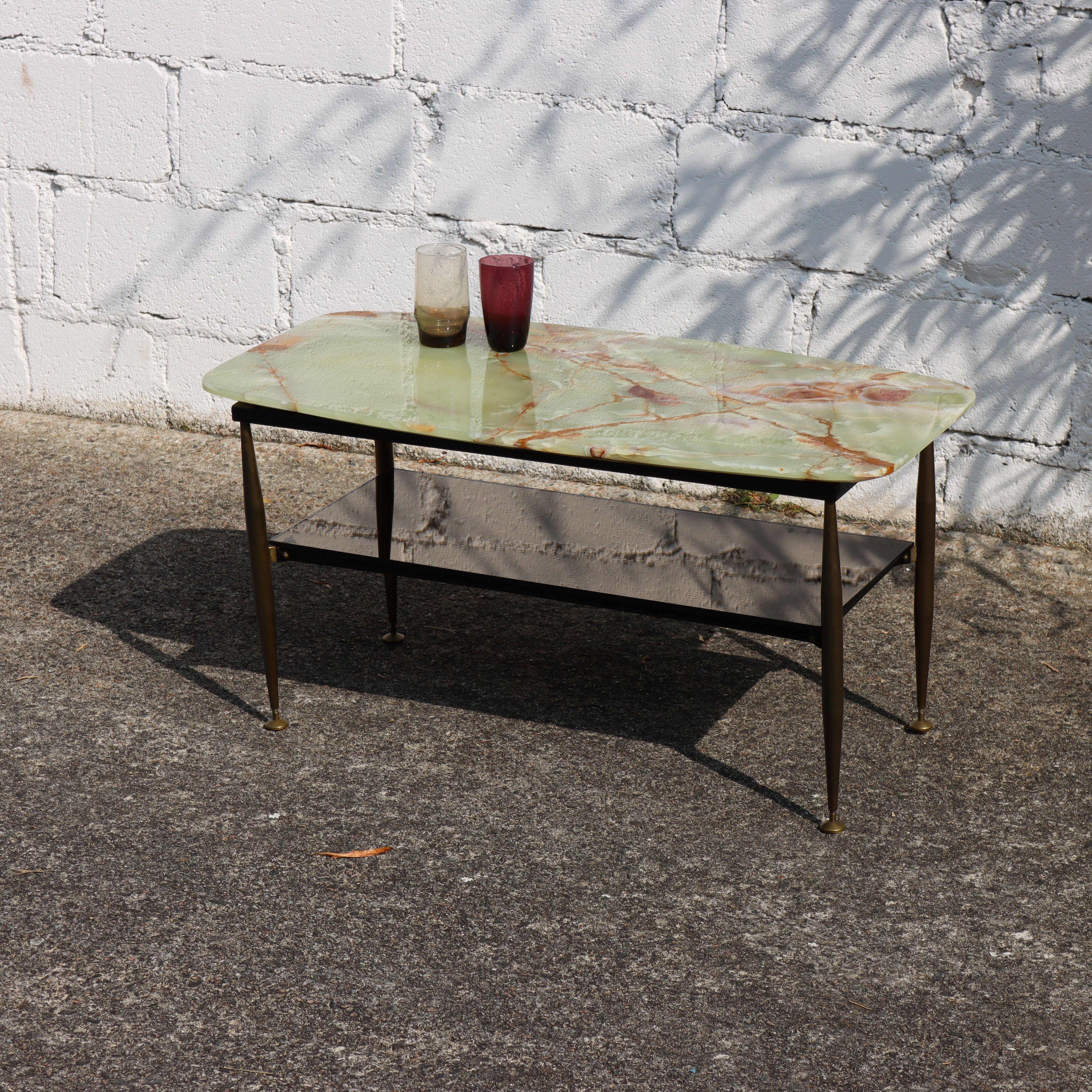Mid-Century Onyx Marble and Brass Coffee Table-Mirror Compartment-Lounge Table 1