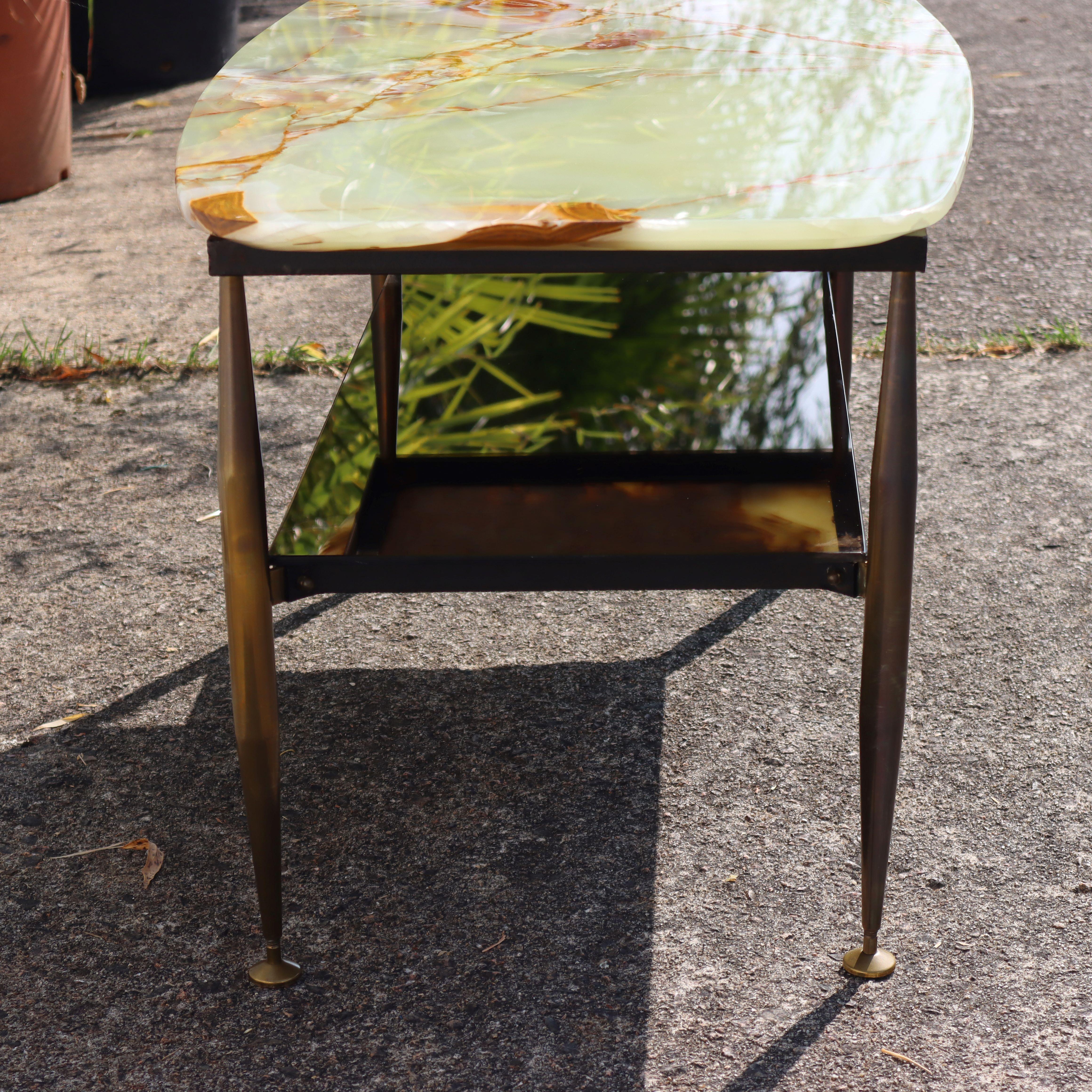 Mid-Century Onyx Marble and Brass Coffee Table-Mirror Compartment-Lounge Table 2