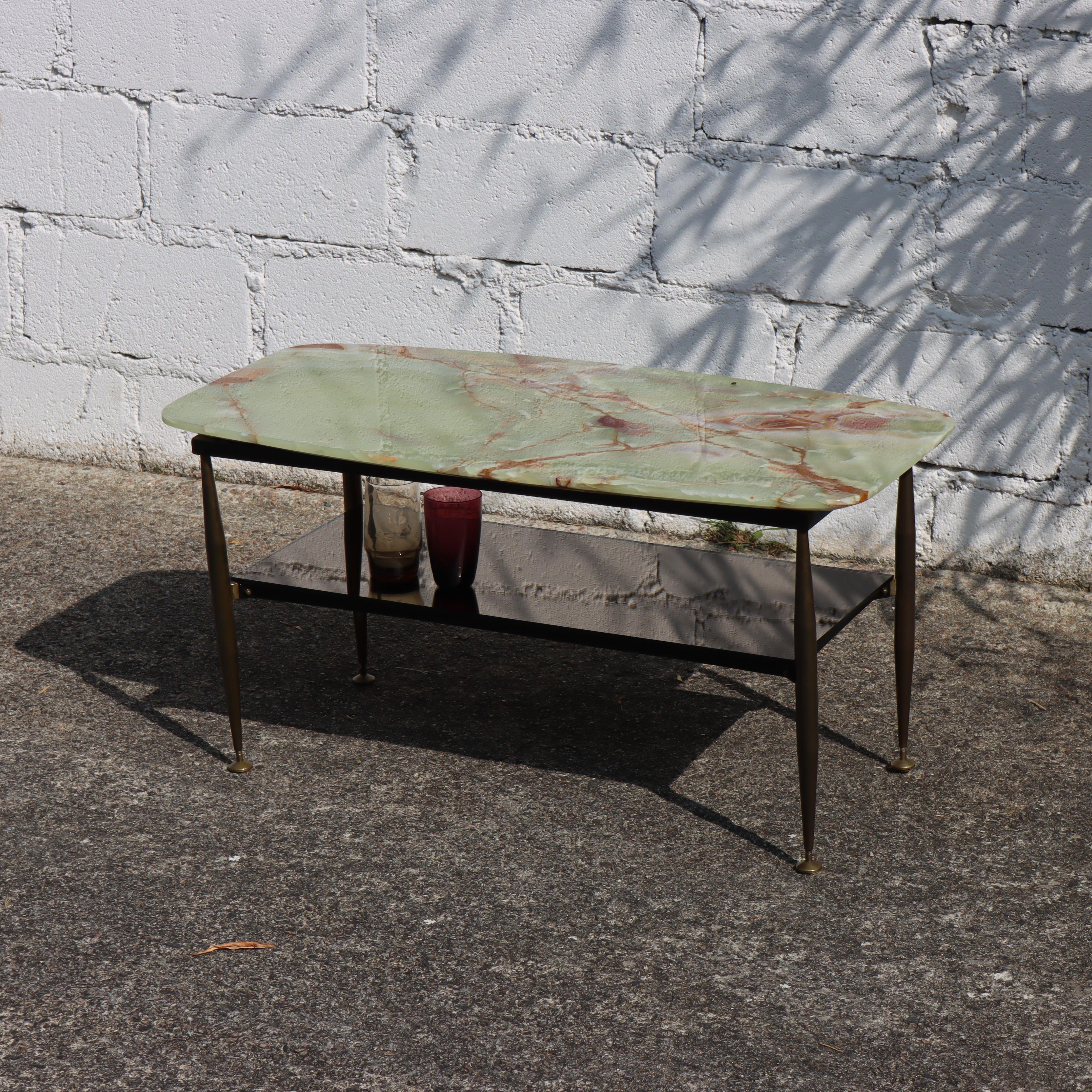 Mid-Century Onyx Marble and Brass Coffee Table-Mirror Compartment-Lounge Table 3