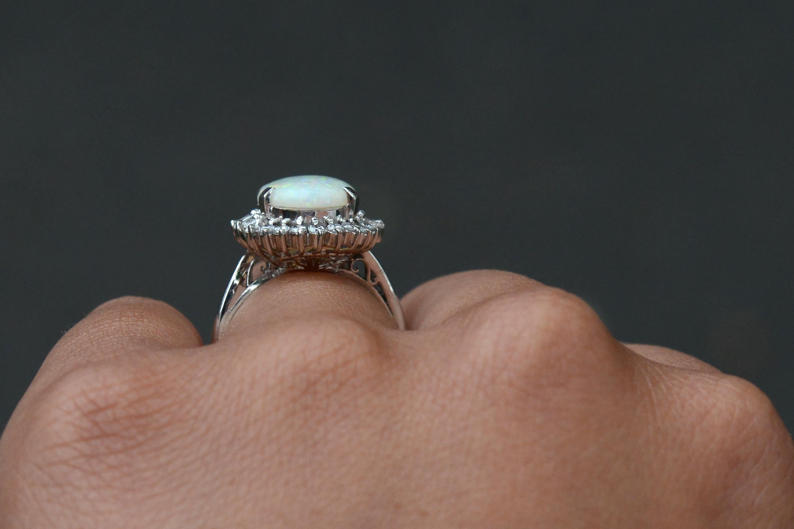 Cabochon Mid Century Opal and Diamond Cocktail Ring For Sale