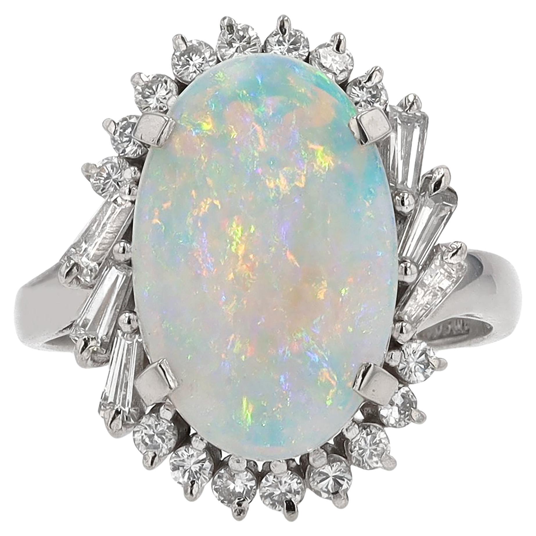 Mid Century Opal and Diamond Cocktail Ring For Sale