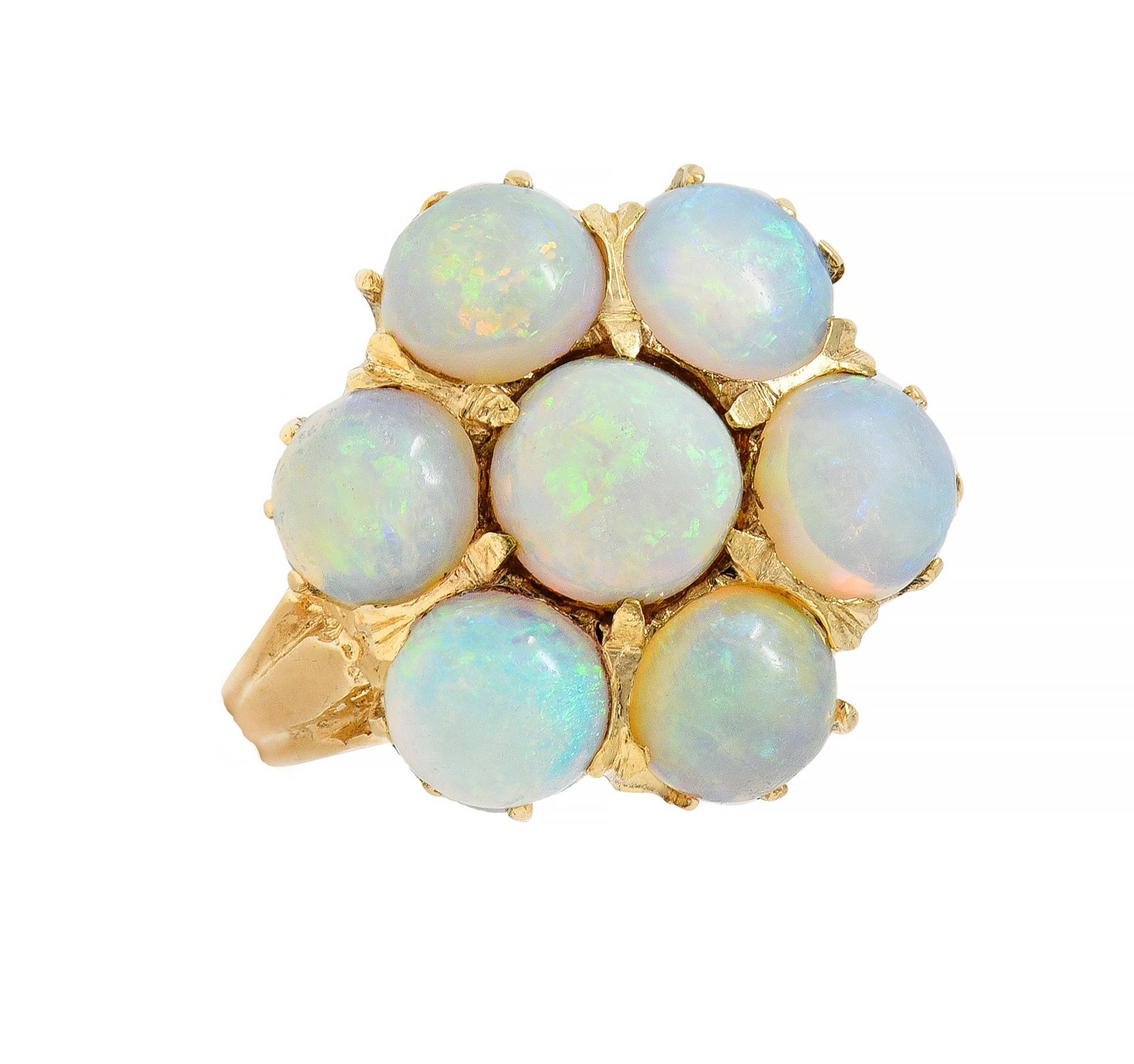 Mid-Century Opal Cabochon 14 Karat Yellow Gold Vintage Floral Cluster Ring For Sale 6