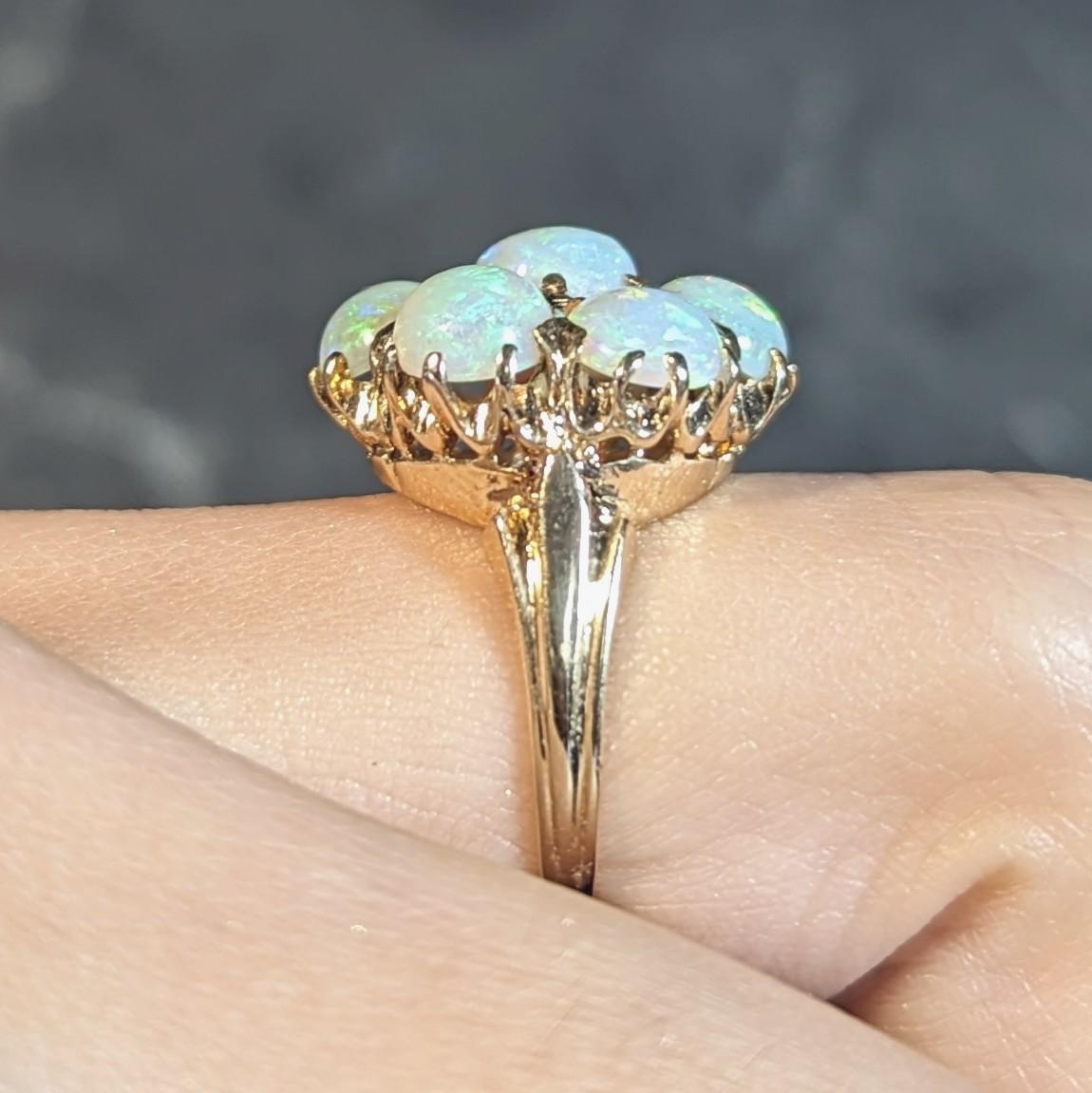Mid-Century Opal Cabochon 14 Karat Yellow Gold Vintage Floral Cluster Ring For Sale 7