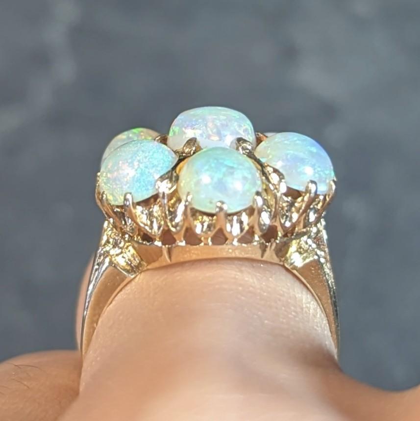 Mid-Century Opal Cabochon 14 Karat Yellow Gold Vintage Floral Cluster Ring For Sale 8