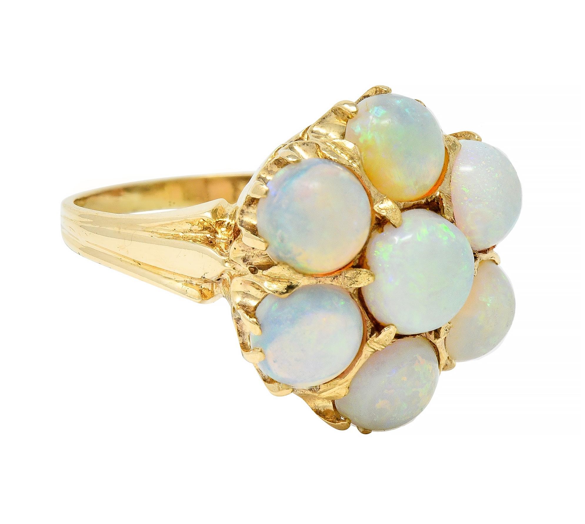 Mid-Century Opal Cabochon 14 Karat Yellow Gold Vintage Floral Cluster Ring In Excellent Condition For Sale In Philadelphia, PA