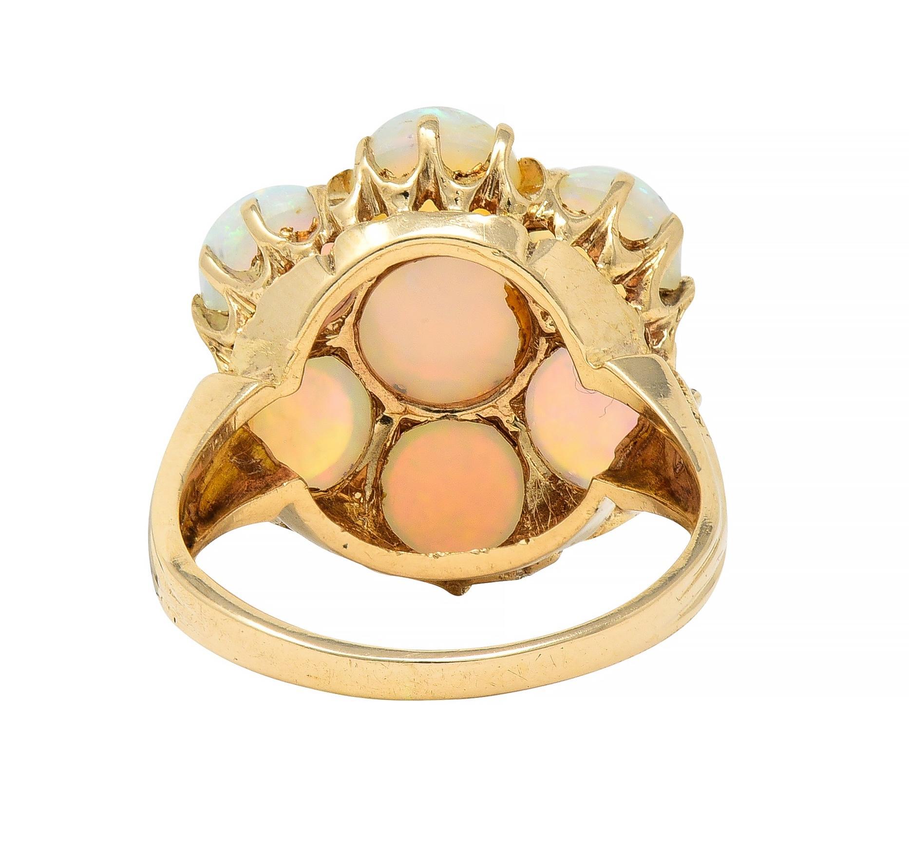 Mid-Century Opal Cabochon 14 Karat Yellow Gold Vintage Floral Cluster Ring For Sale 1