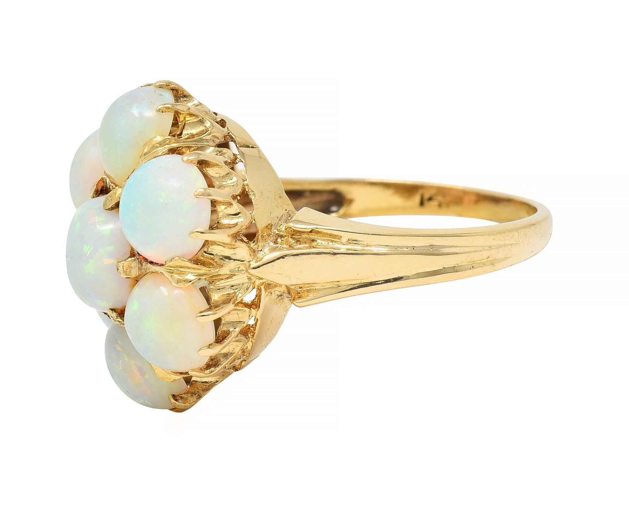 Mid-Century Opal Cabochon 14 Karat Yellow Gold Vintage Floral Cluster Ring For Sale 2