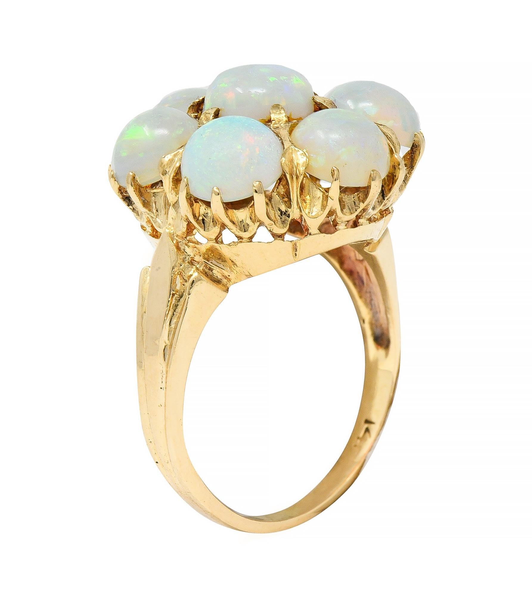 Mid-Century Opal Cabochon 14 Karat Yellow Gold Vintage Floral Cluster Ring For Sale 5