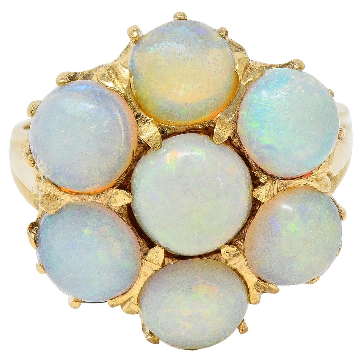 Mid-Century Opal Cabochon 14 Karat Yellow Gold Vintage Floral Cluster Ring For Sale