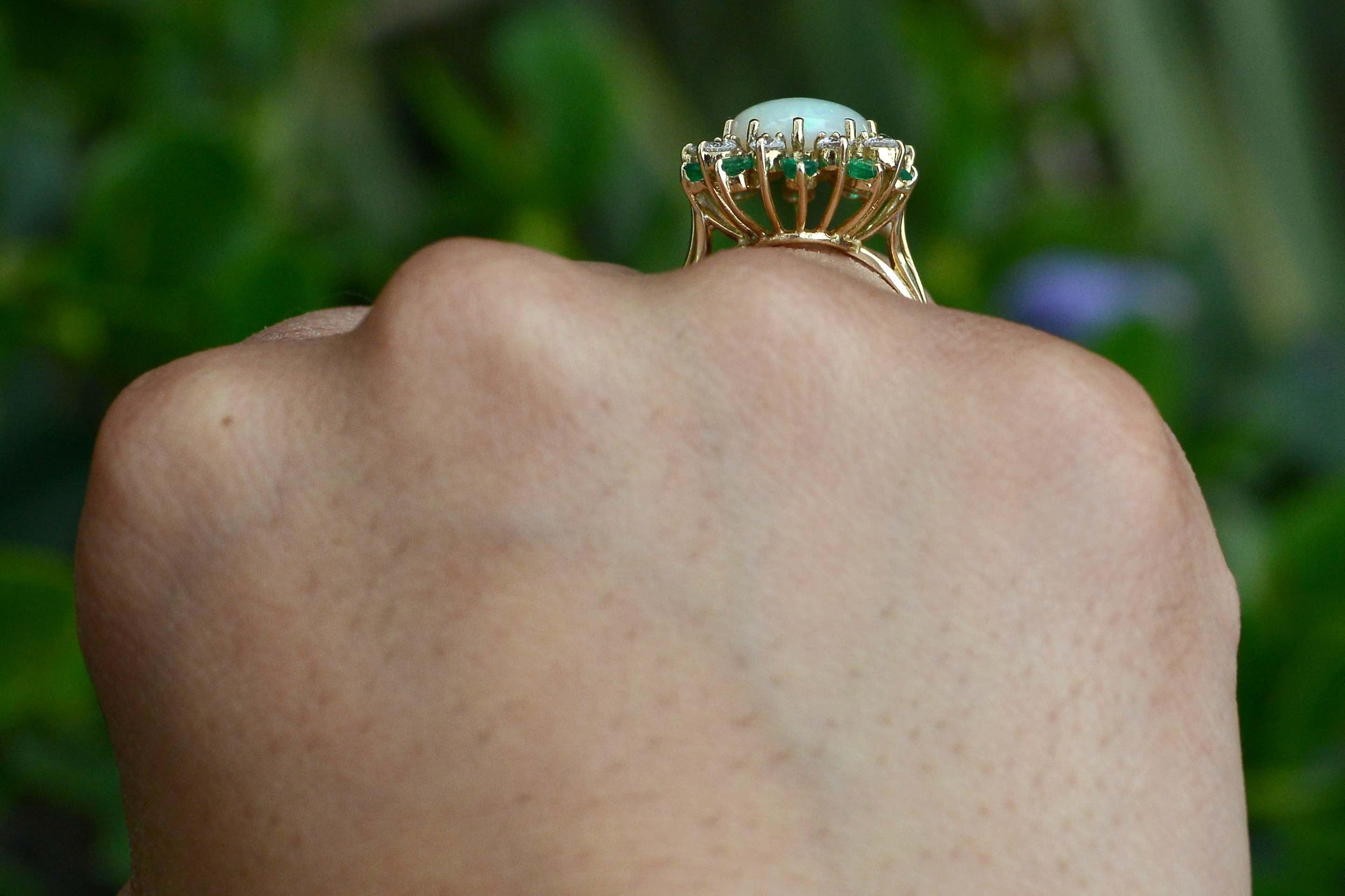 Retro Midcentury Opal Cocktail Ring Diamond Emerald Dome Cluster 4 1/2 Carat Vintage