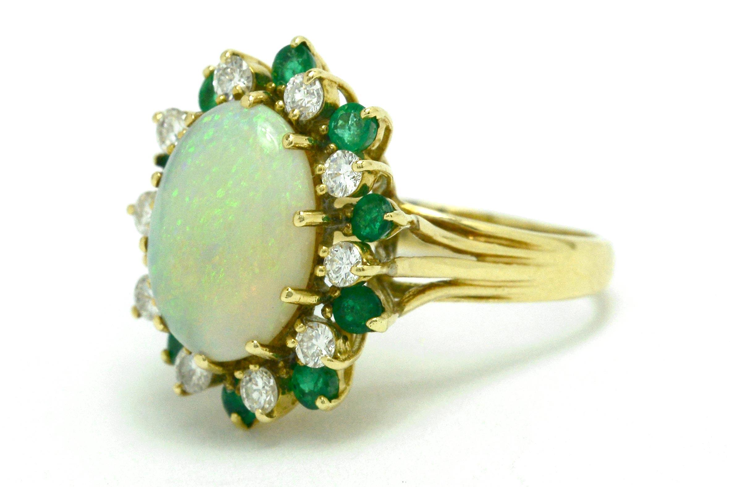 Oval Cut Midcentury Opal Cocktail Ring Diamond Emerald Dome Cluster 4 1/2 Carat Vintage