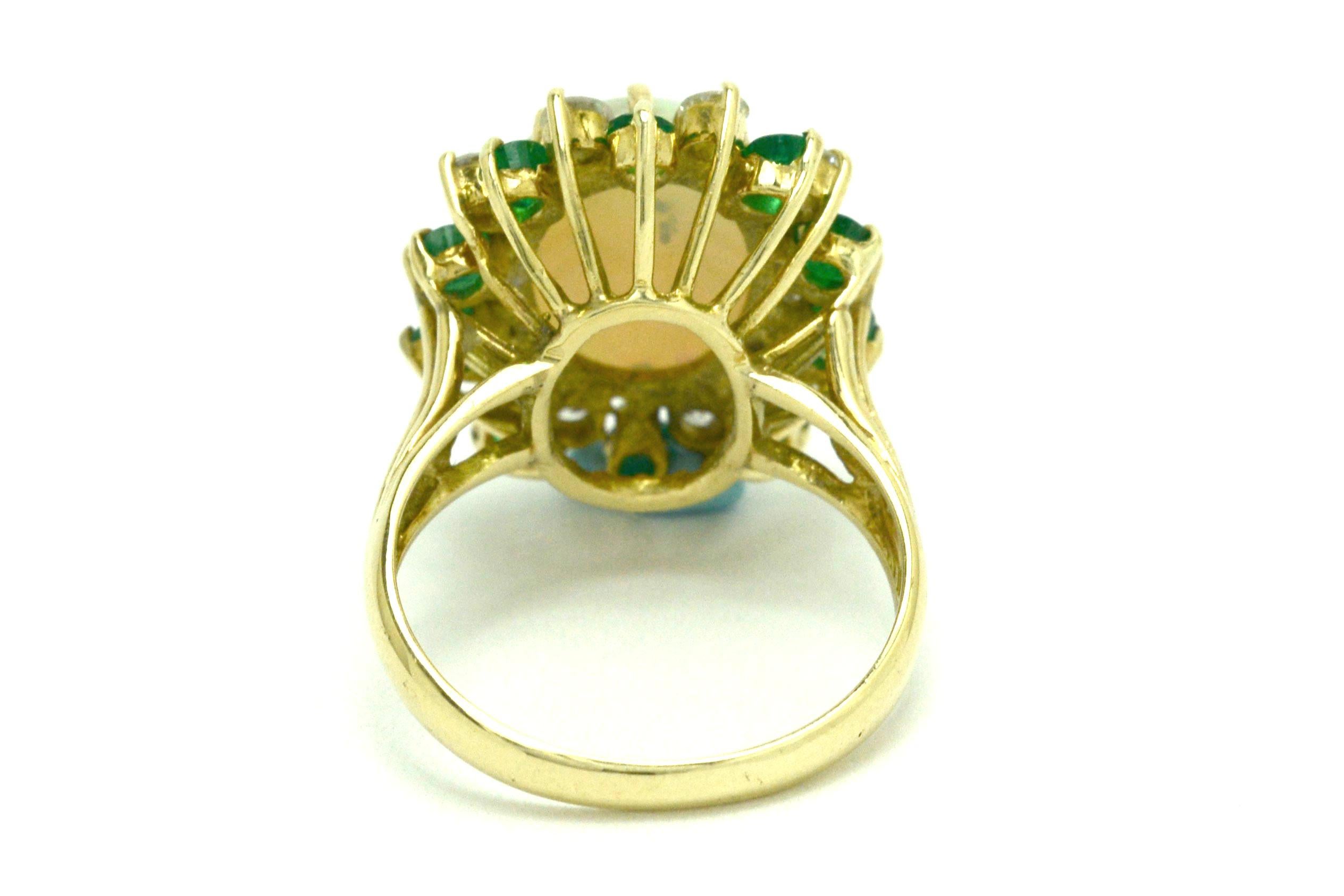 Women's Midcentury Opal Cocktail Ring Diamond Emerald Dome Cluster 4 1/2 Carat Vintage