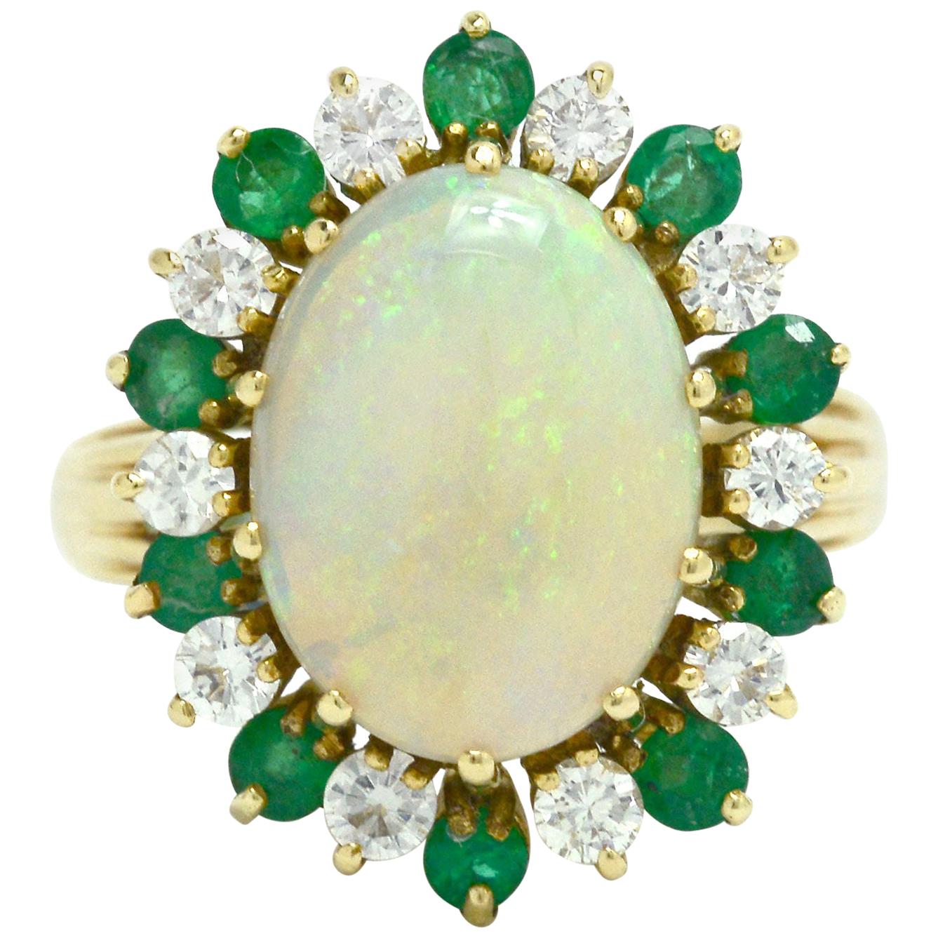 Midcentury Opal Cocktail Ring Diamond Emerald Dome Cluster 4 1/2 Carat Vintage