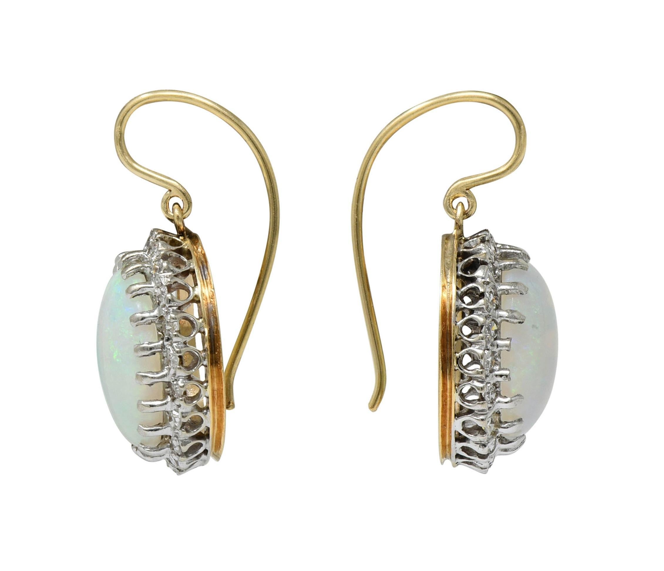Cabochon Mid-Century Opal Diamond 14 Karat Two-Tone Gold Vintage Halo Drop Earrings