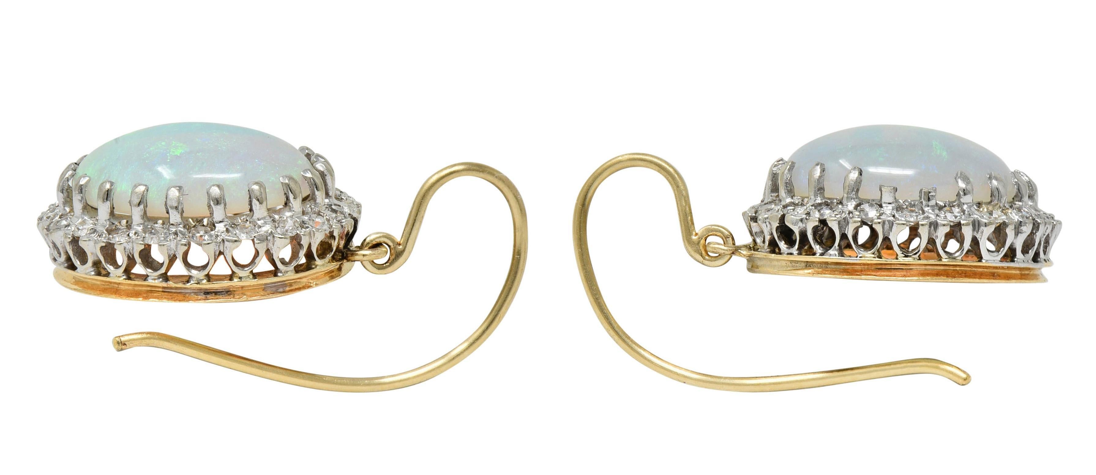 Women's or Men's Mid-Century Opal Diamond 14 Karat Two-Tone Gold Vintage Halo Drop Earrings