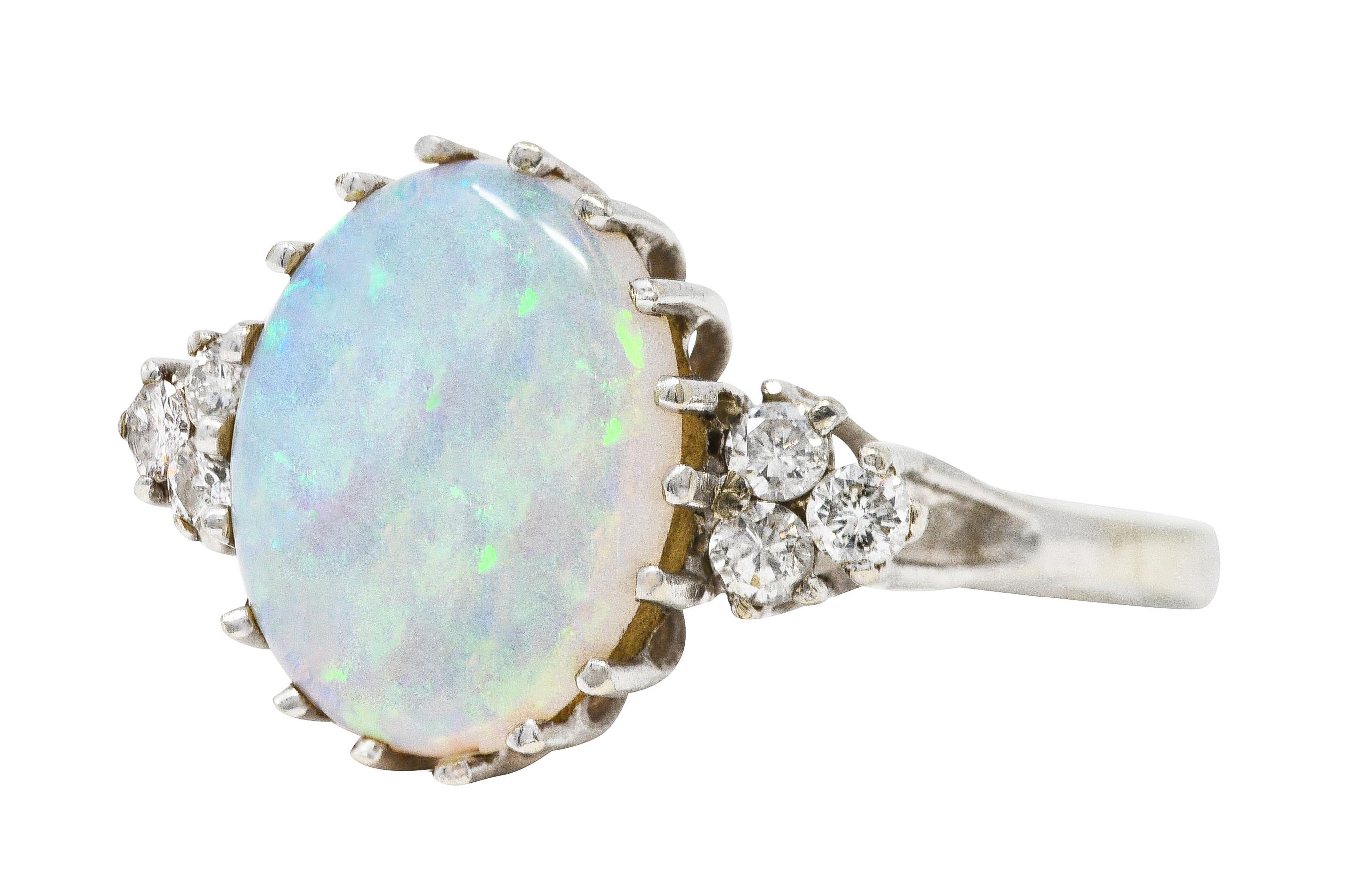 Women's or Men's Mid-Century Opal Diamond 14 Karat White Gold Vintage Ring