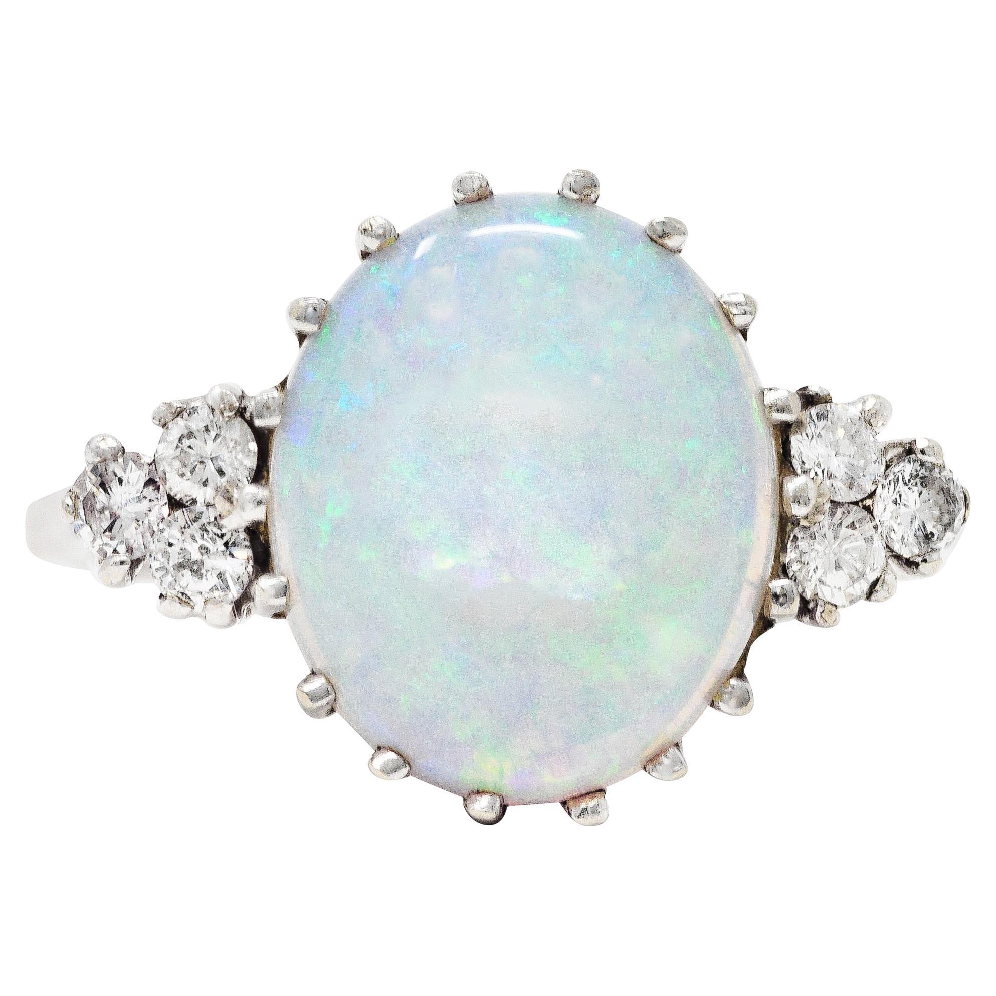 Mid-Century Opal Diamond 14 Karat White Gold Vintage Ring
