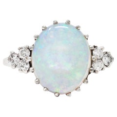 Mid-Century Opal Diamond 14 Karat White Gold Vintage Ring