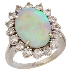 Mid Century opal diamond 14k white gold cluster ring