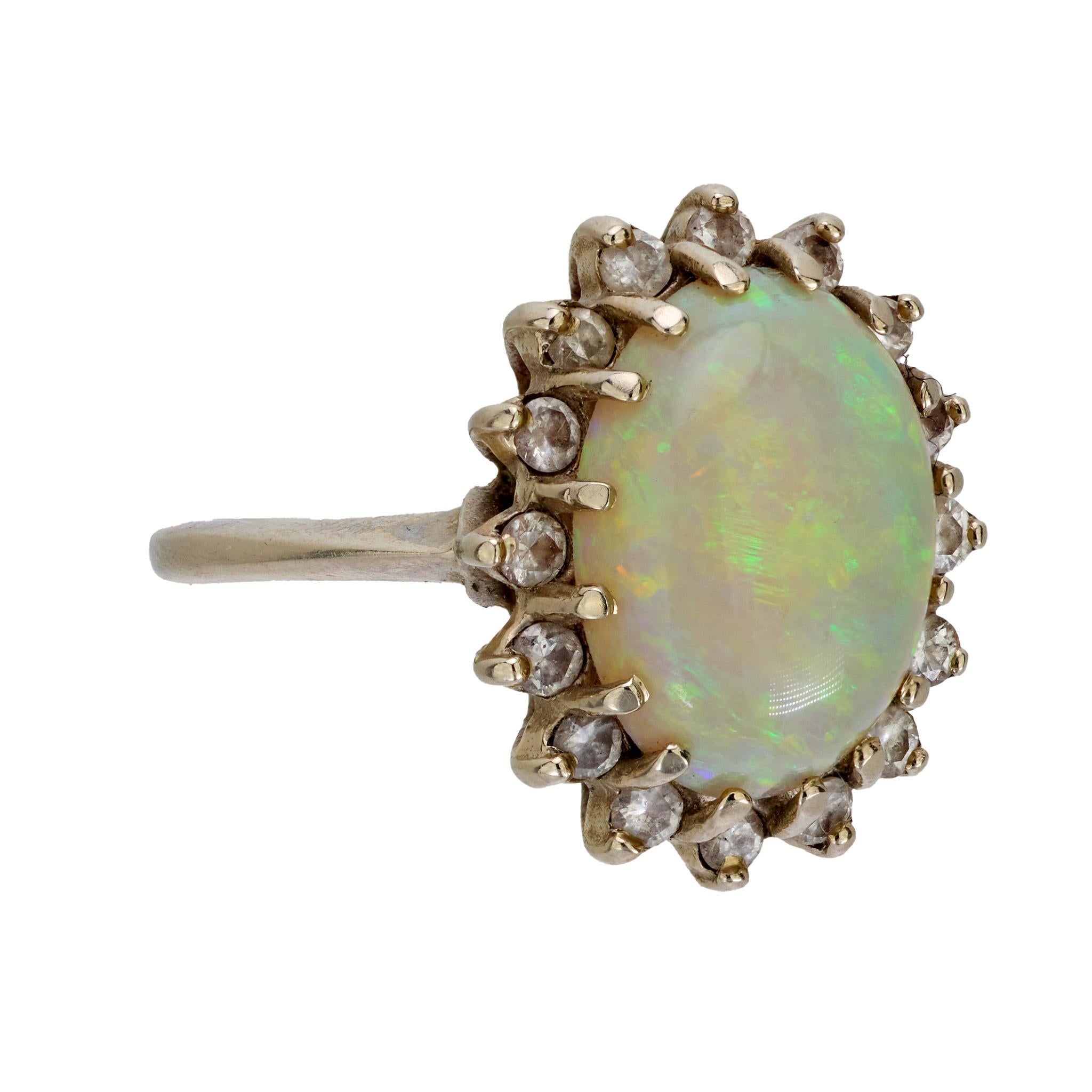 Modern Mid Century opal diamond 14k white gold halo ring