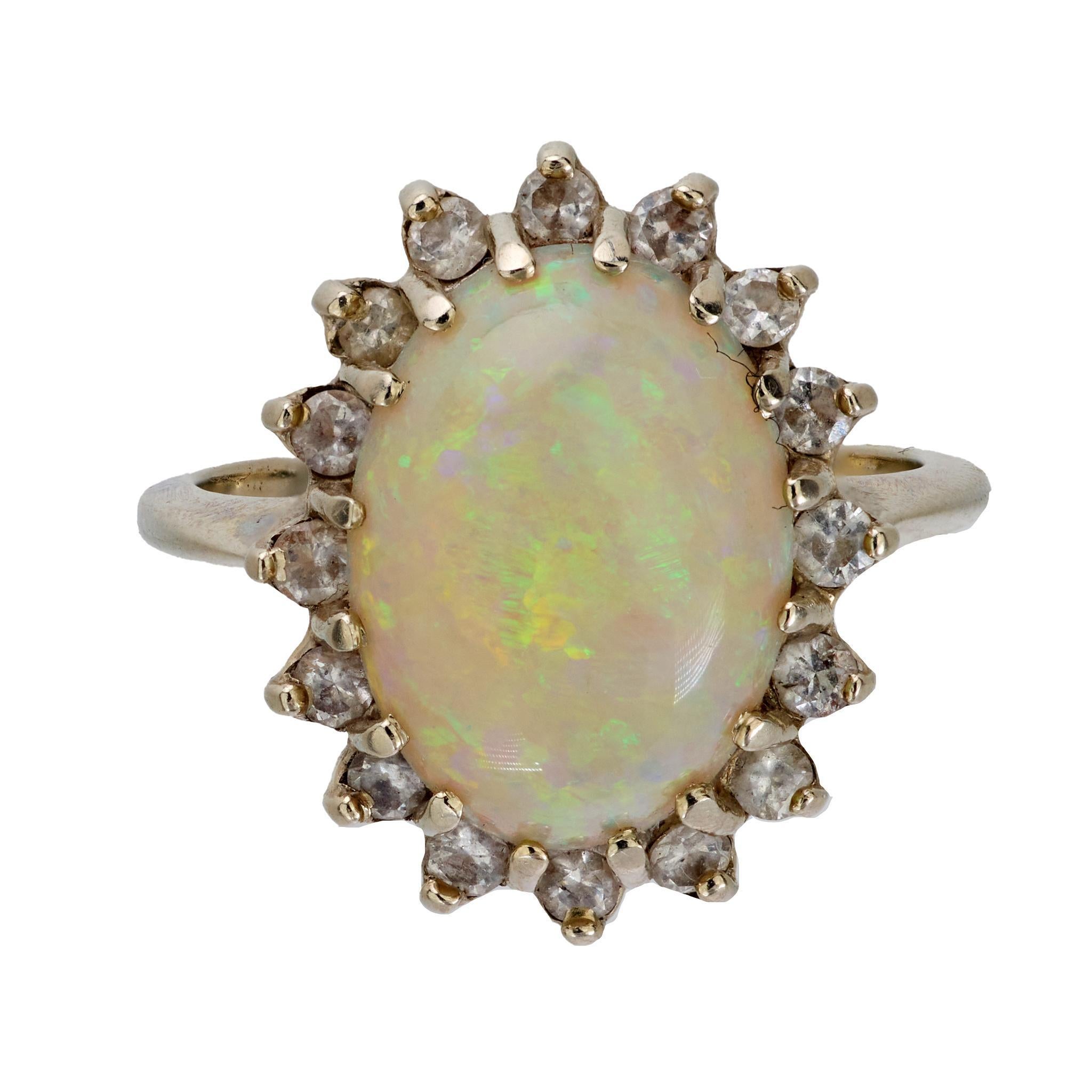 Cabochon Mid Century opal diamond 14k white gold halo ring