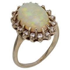 Mid Century opal diamond 14k white gold halo ring