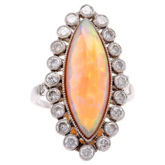 Mid Century Opal Diamond 18K White Gold and Platinum Cocktail Ring