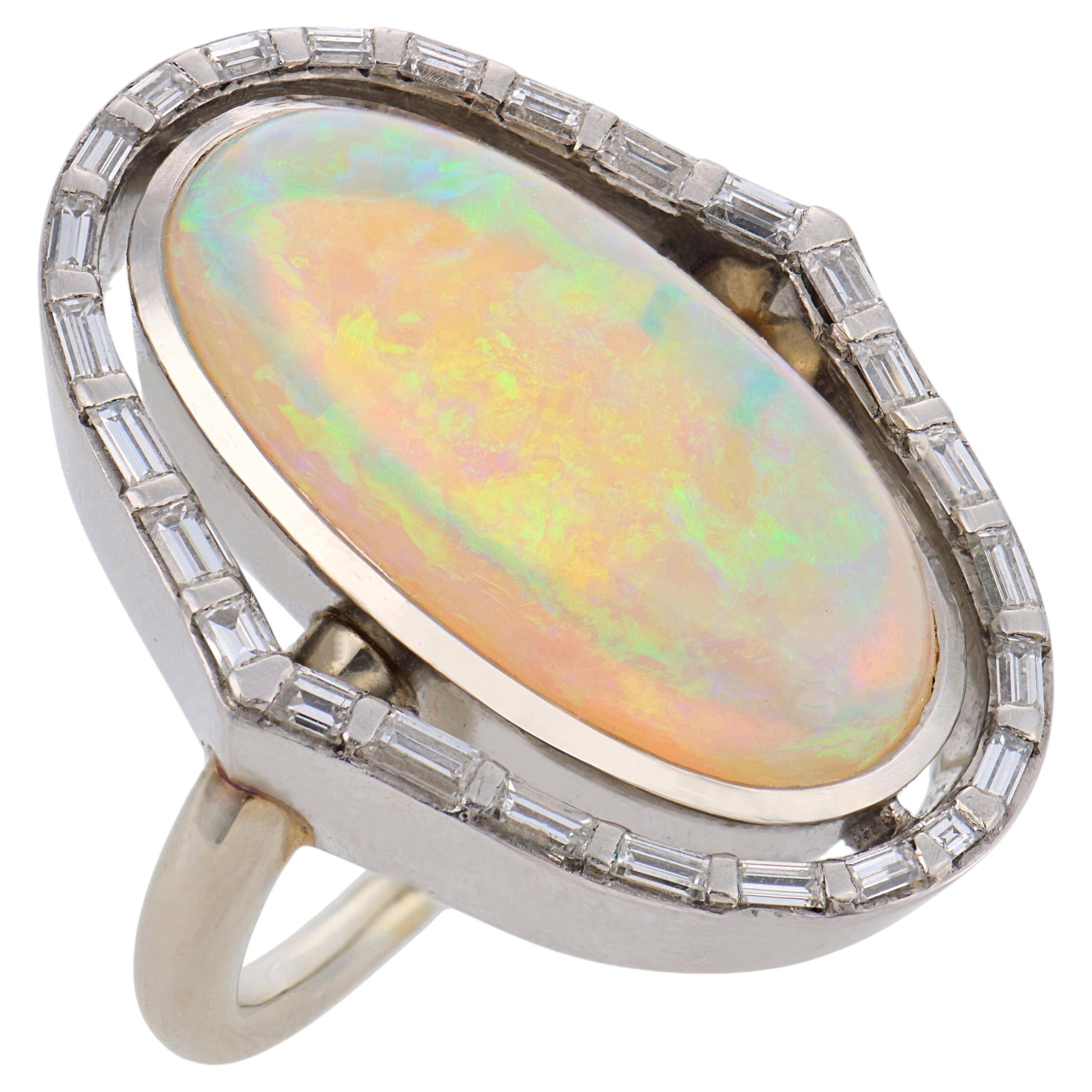 Mid century opal diamond 18k white gold ring